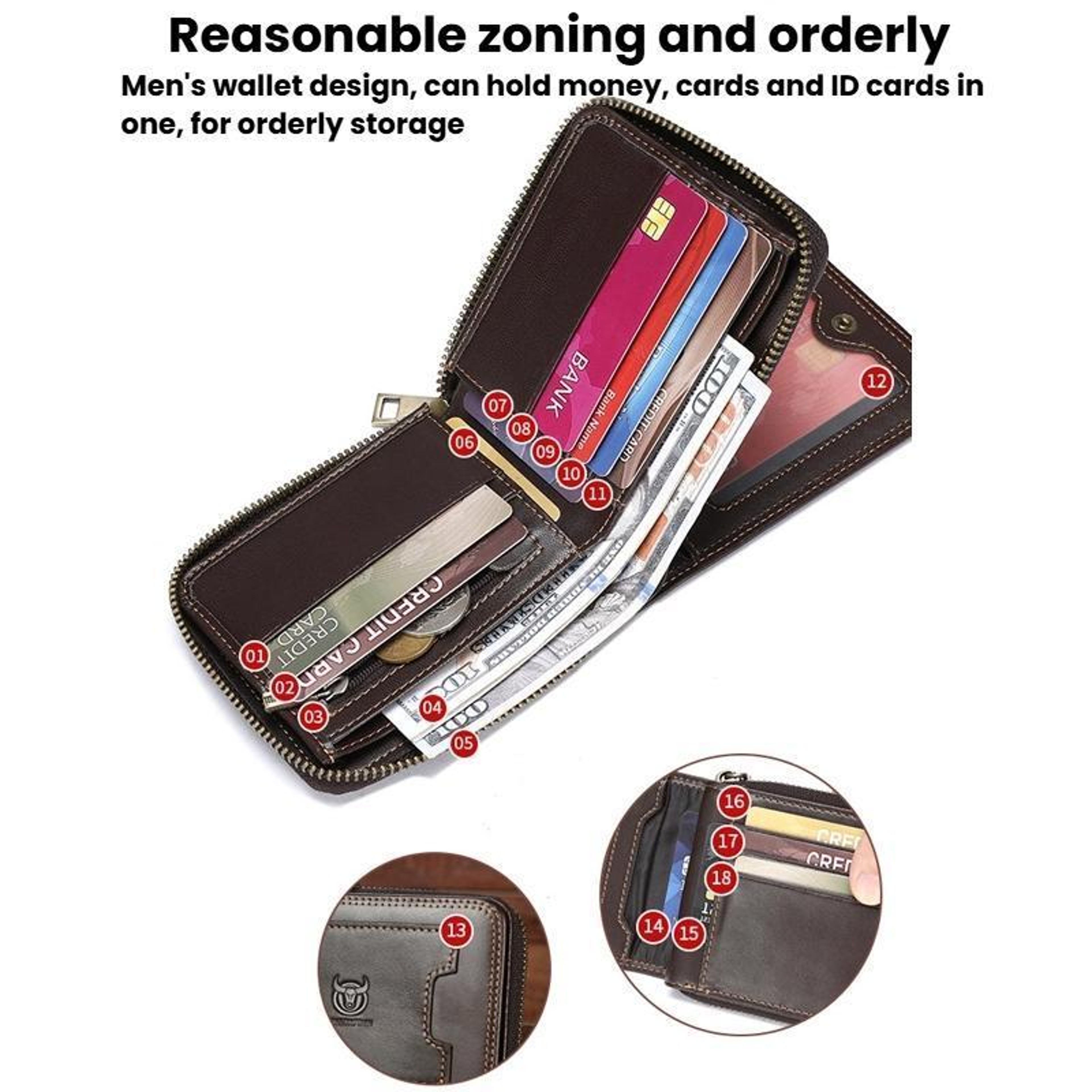 RFID Blocking Leather Bifold Wallet with Zipper and Multiple Card Slots Black – view 7