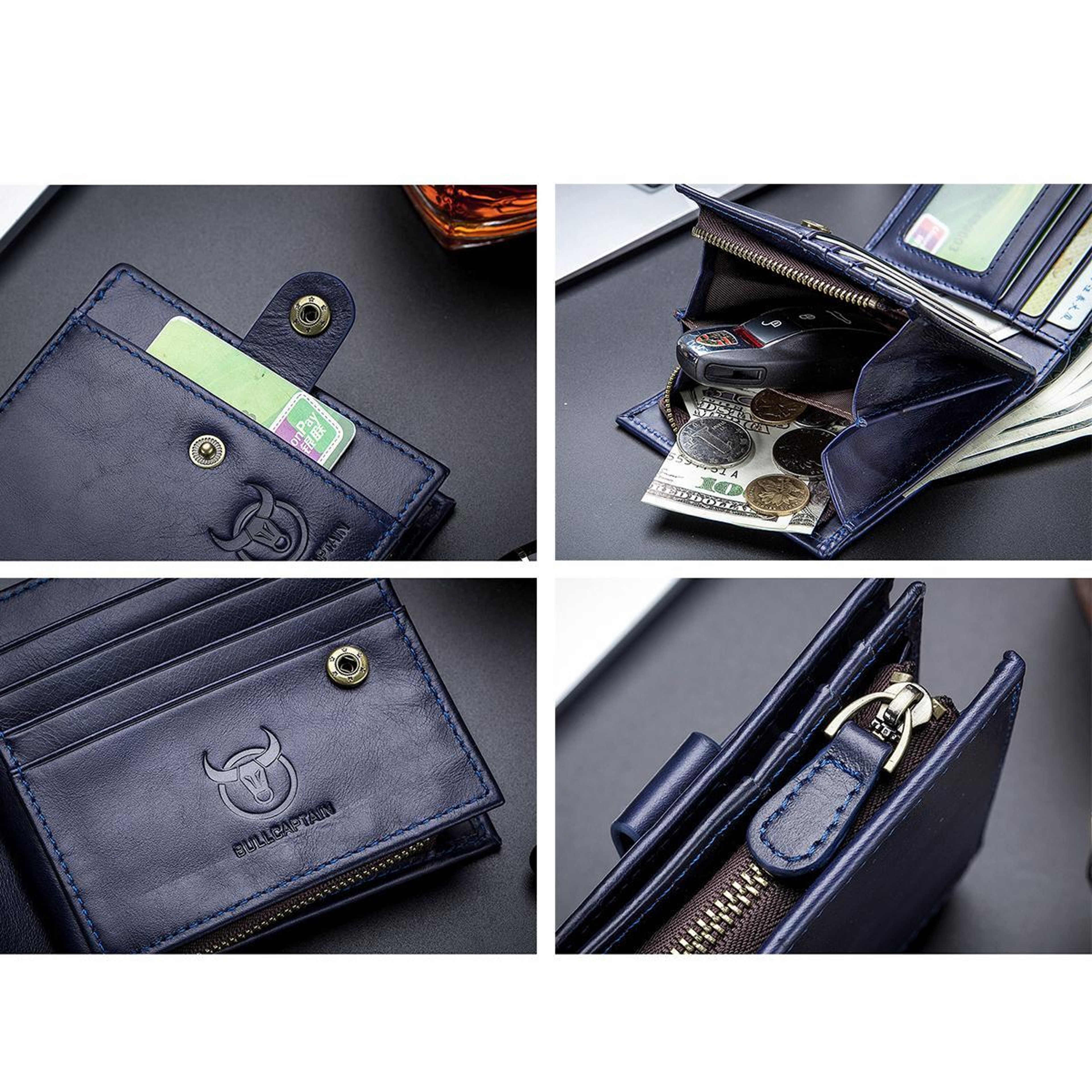 Cowhide Leather Wallet with NFC Blocking and Multiple Card Slots Blue – view 5