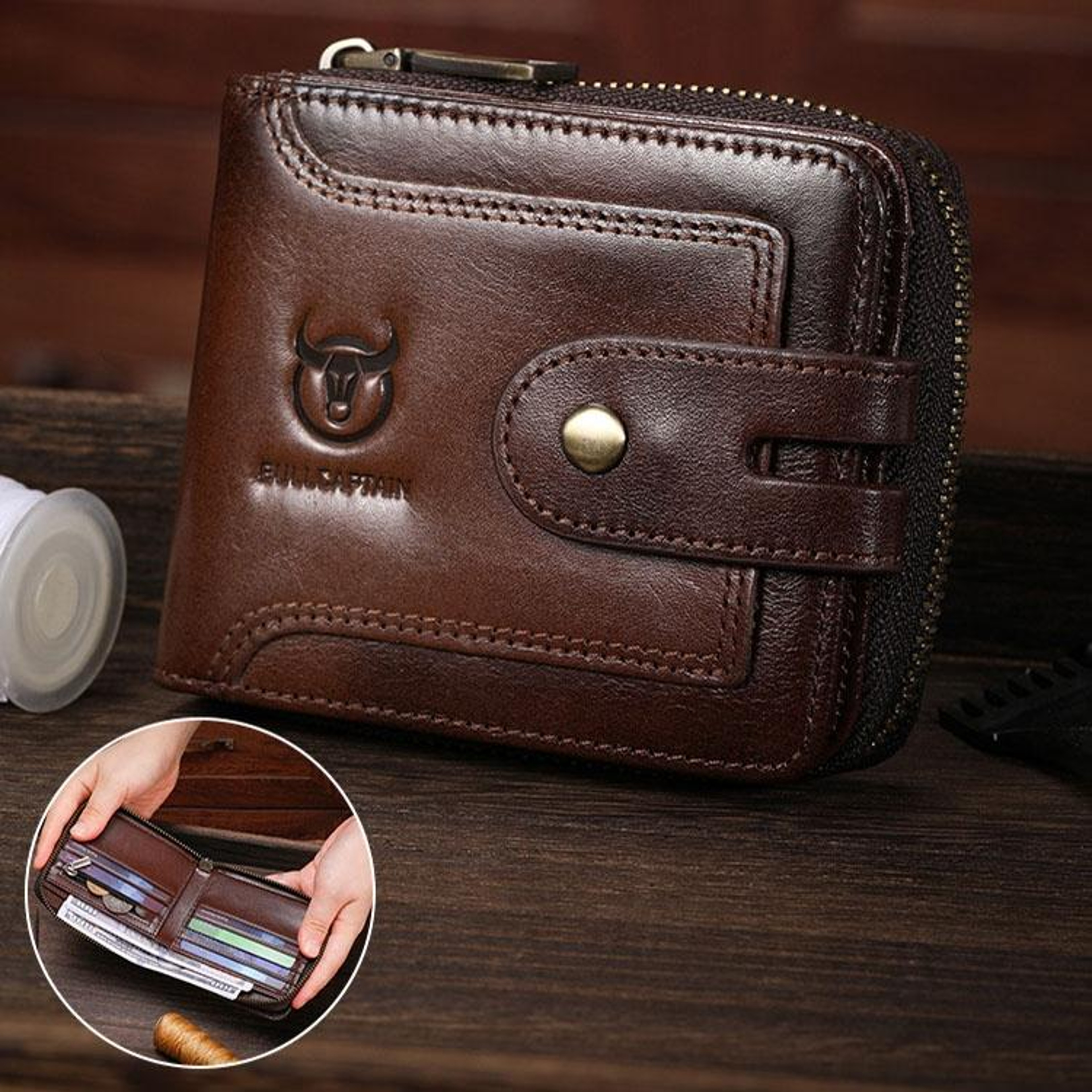 RFID Blocking Cowhide Leather Mens Zipper Wallet with Multiple Card Slots Black – view 10