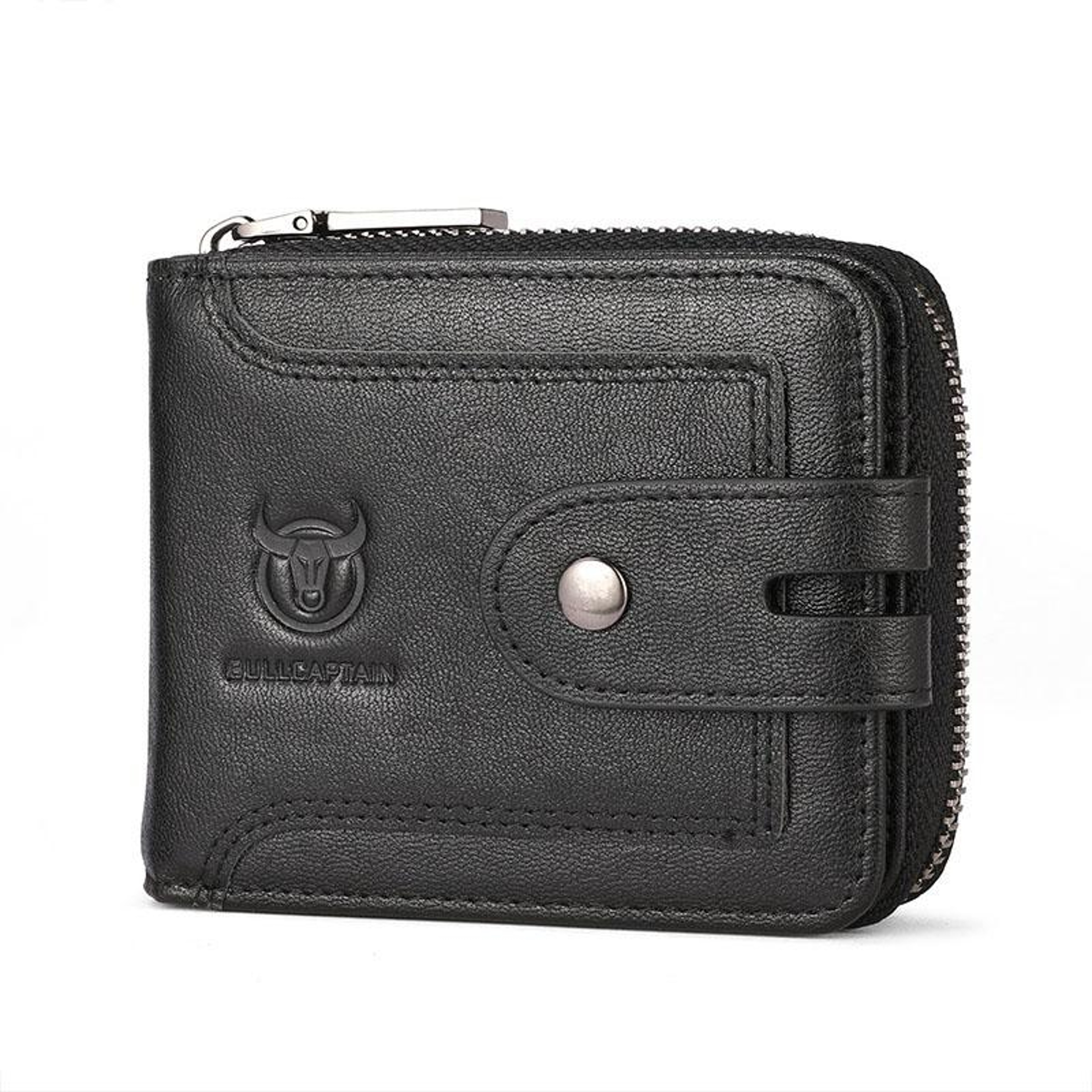 RFID Blocking Cowhide Leather Mens Zipper Wallet with Multiple Card Slots Black – view 1