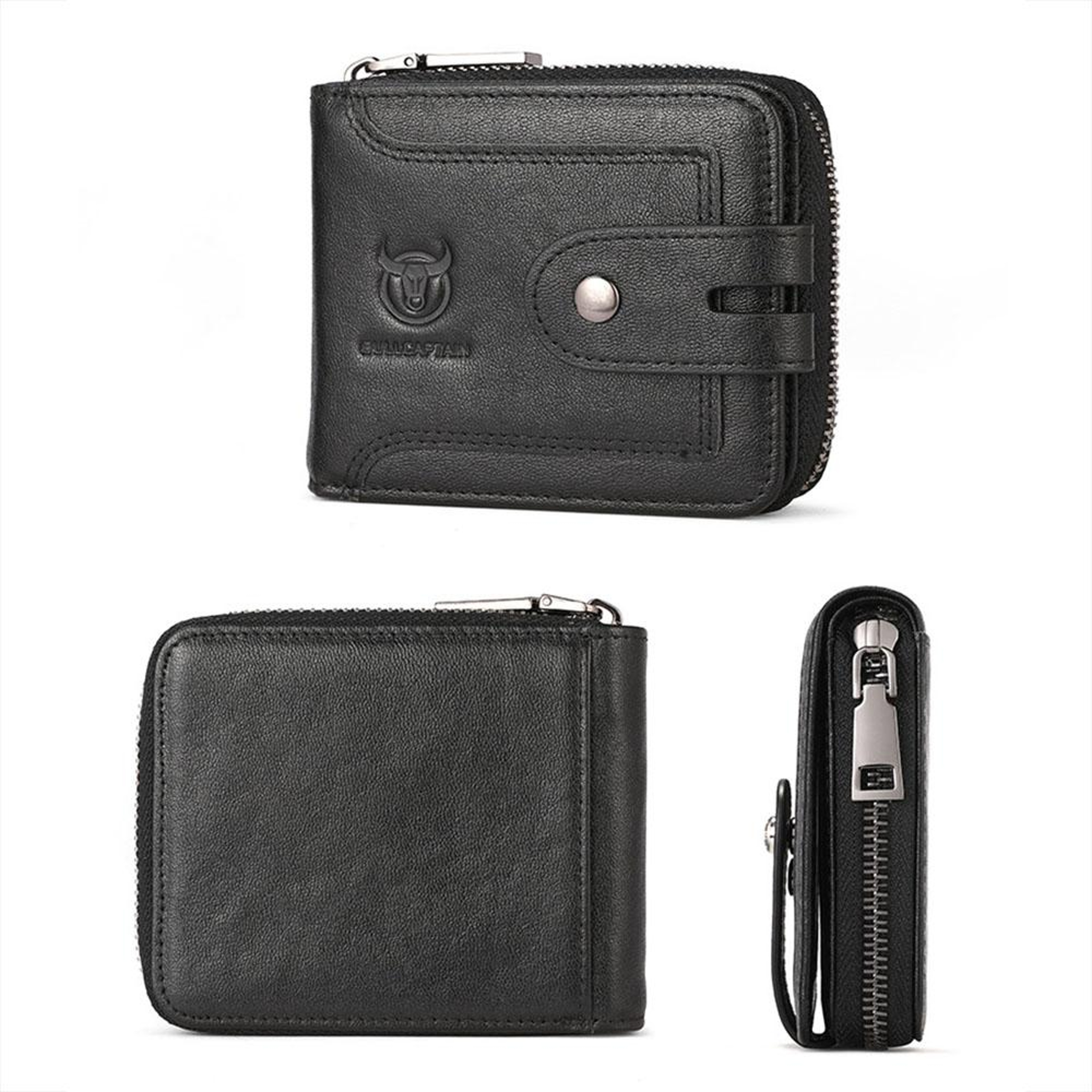 RFID Blocking Cowhide Leather Mens Zipper Wallet with Multiple Card Slots Black – view 2