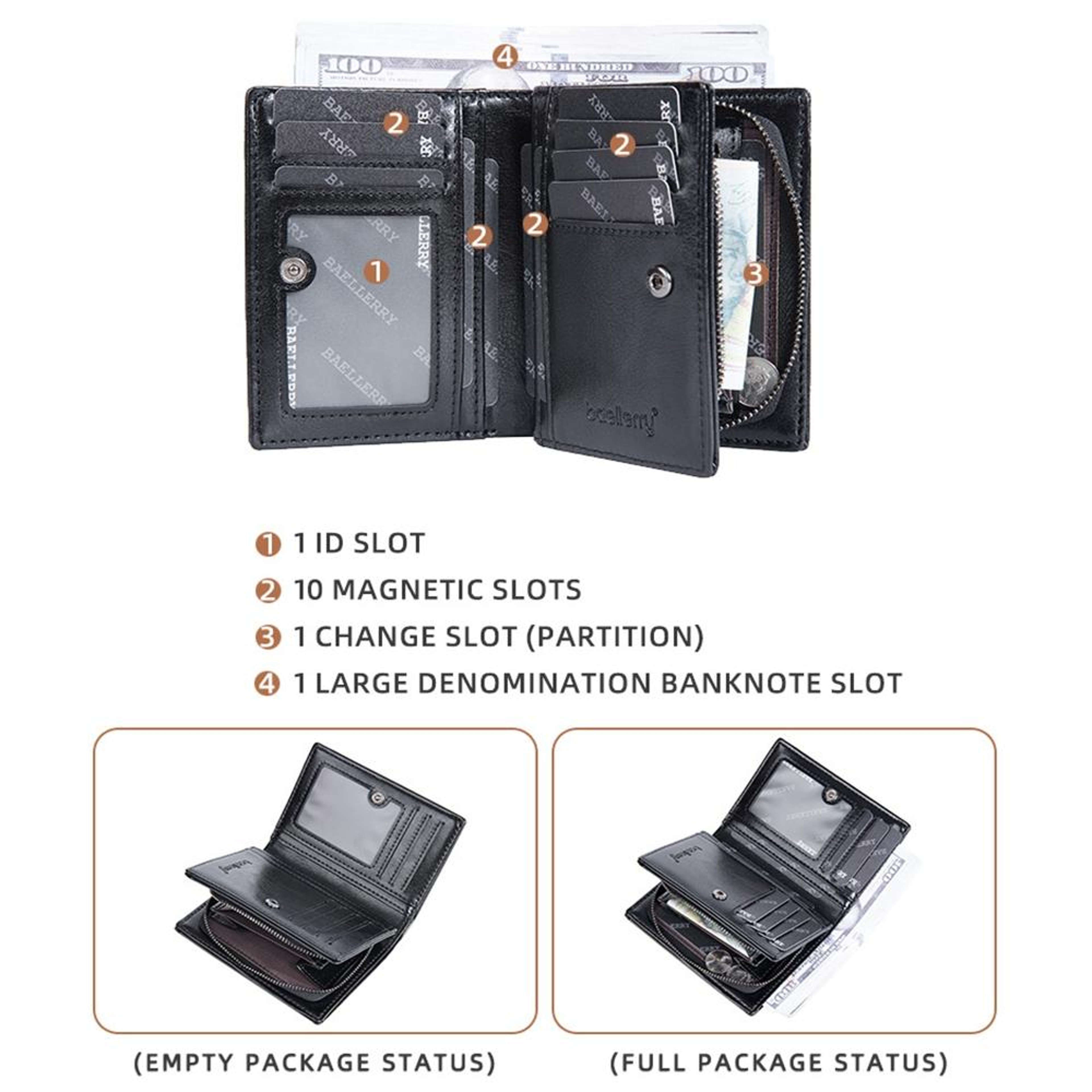 Retro PU Leather Short Wallet with 10 Card Slots and Zipper Closure Black – view 3