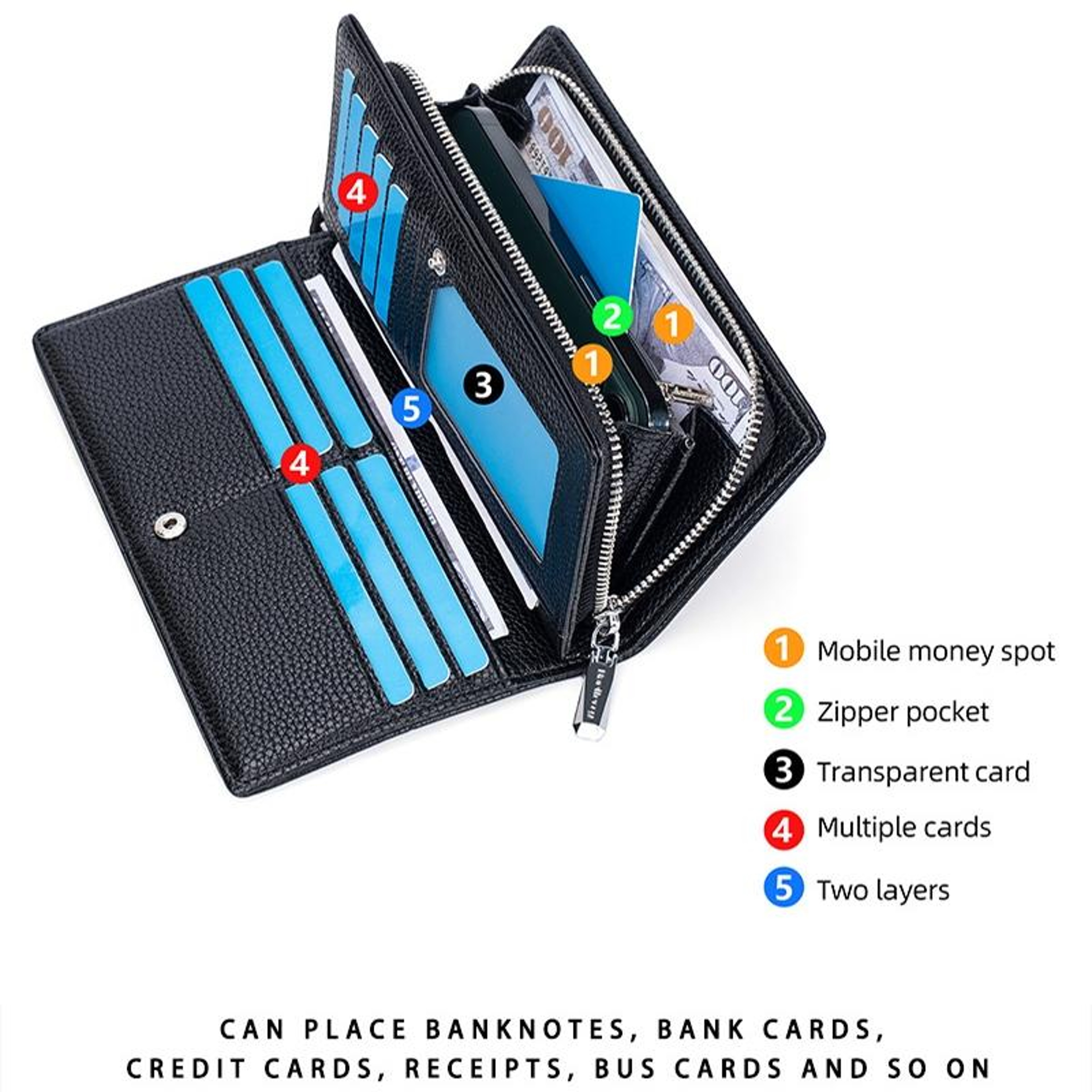 Black Lychee Texture PU Leather Long Wallet with 11 Card Slots and Zipper Closure – view 4
