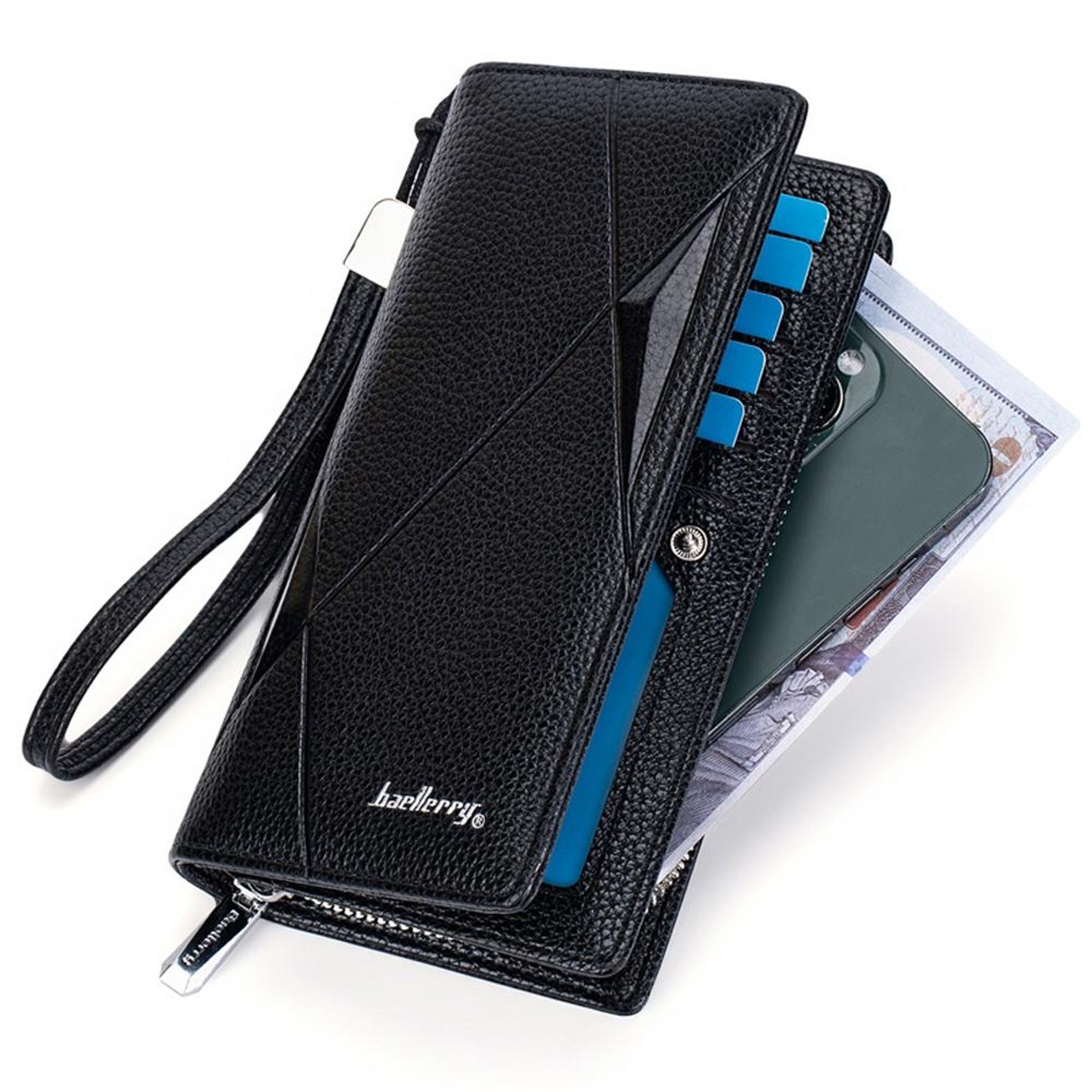 Black Lychee Texture PU Leather Long Wallet with 11 Card Slots and Zipper Closure – view 8