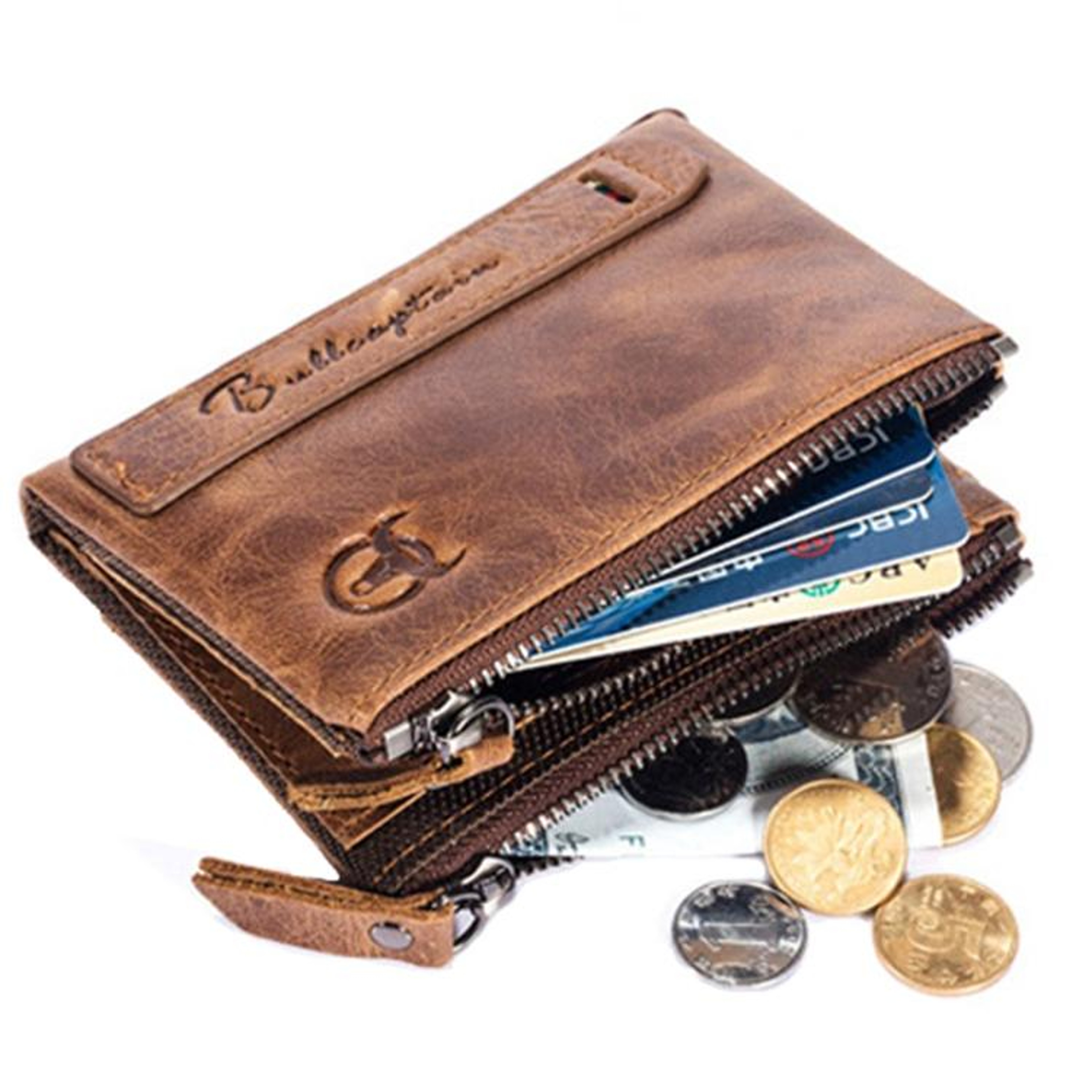 Retro Cowhide Leather Zipper Wallet with Card Slots and Coin Storage Brown – view 2