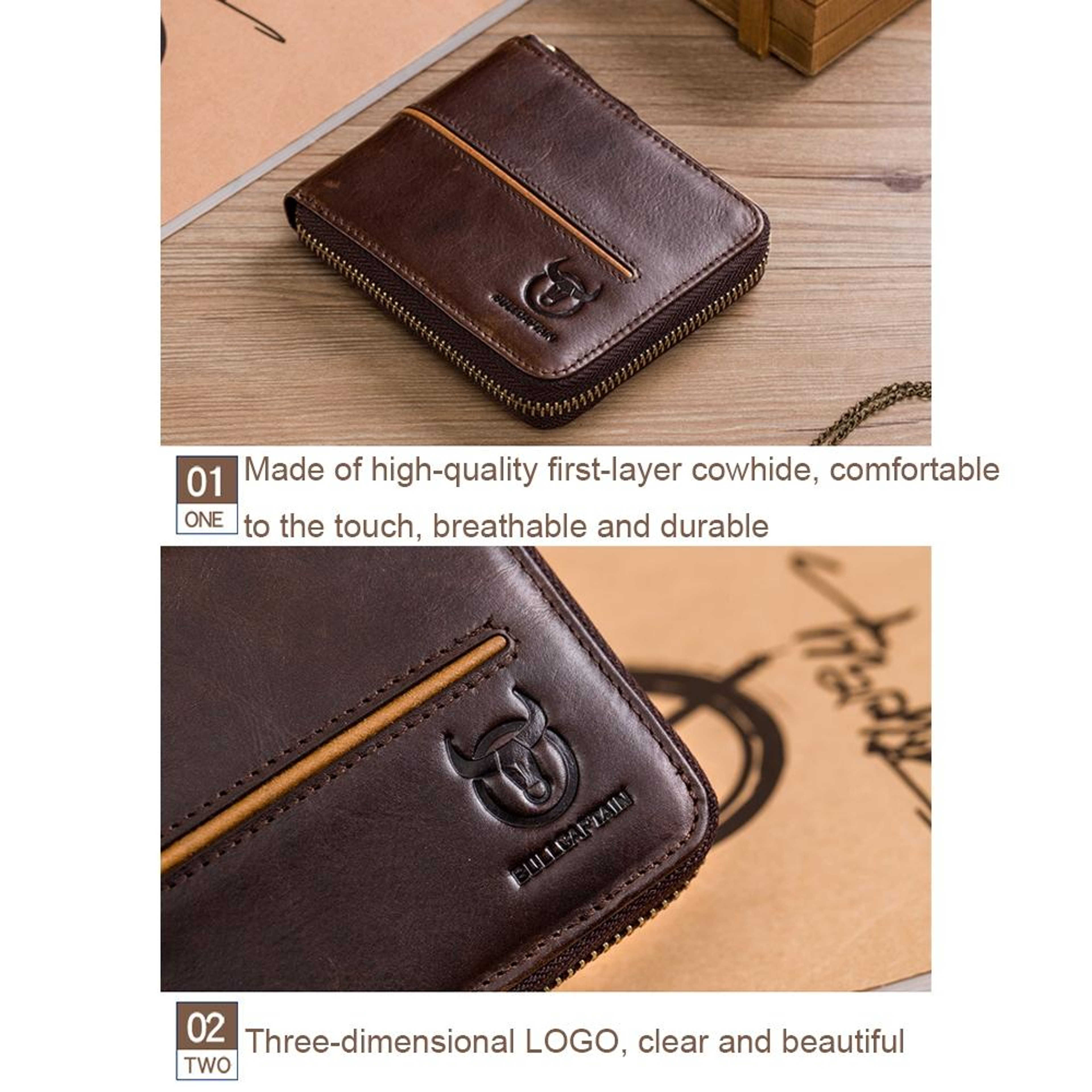 Anti Theft Cowhide Leather Zipper Wallet with Multi Card Slots Yellow Brown – view 4