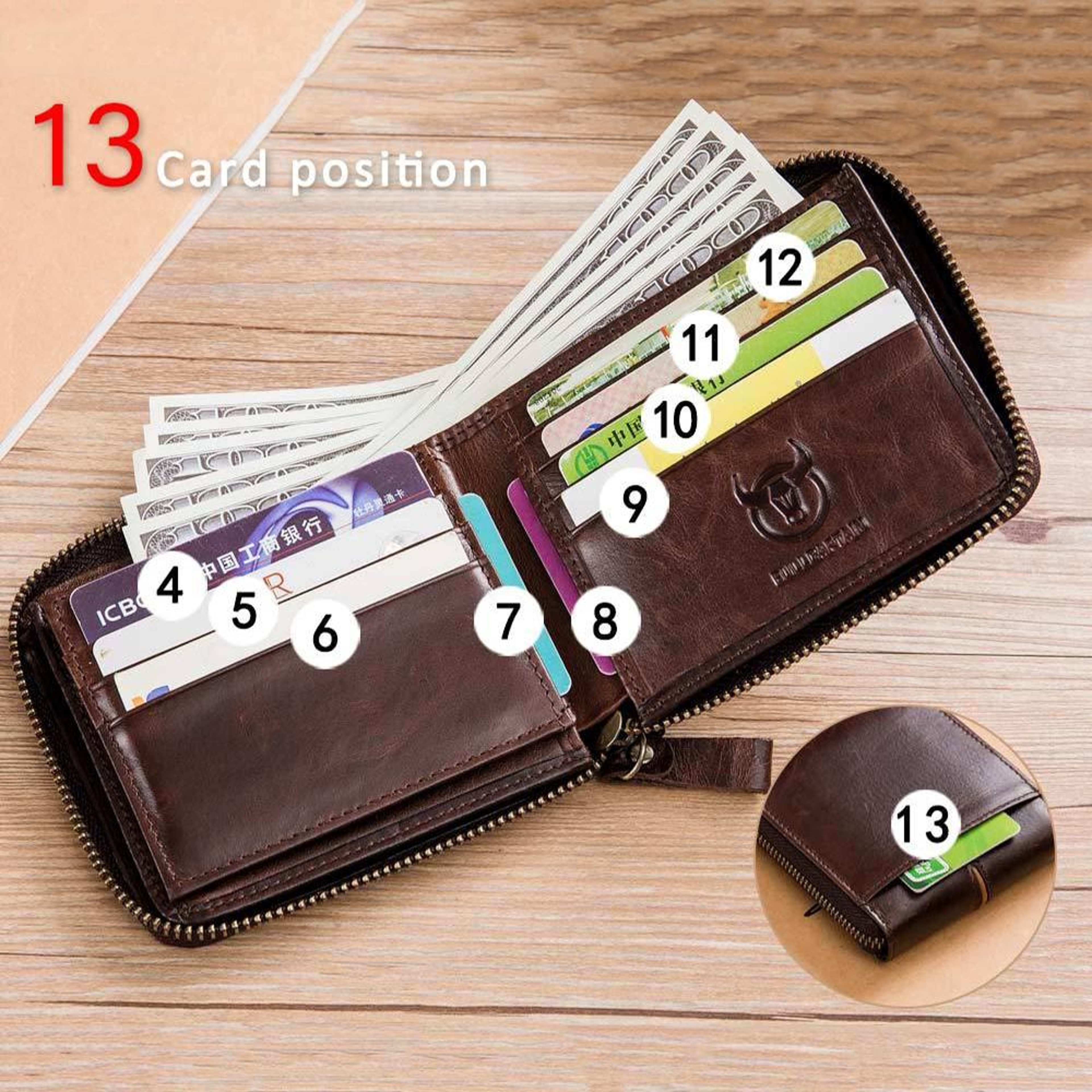 Anti Theft Cowhide Leather Zipper Wallet with Multi Card Slots Yellow Brown – view 6