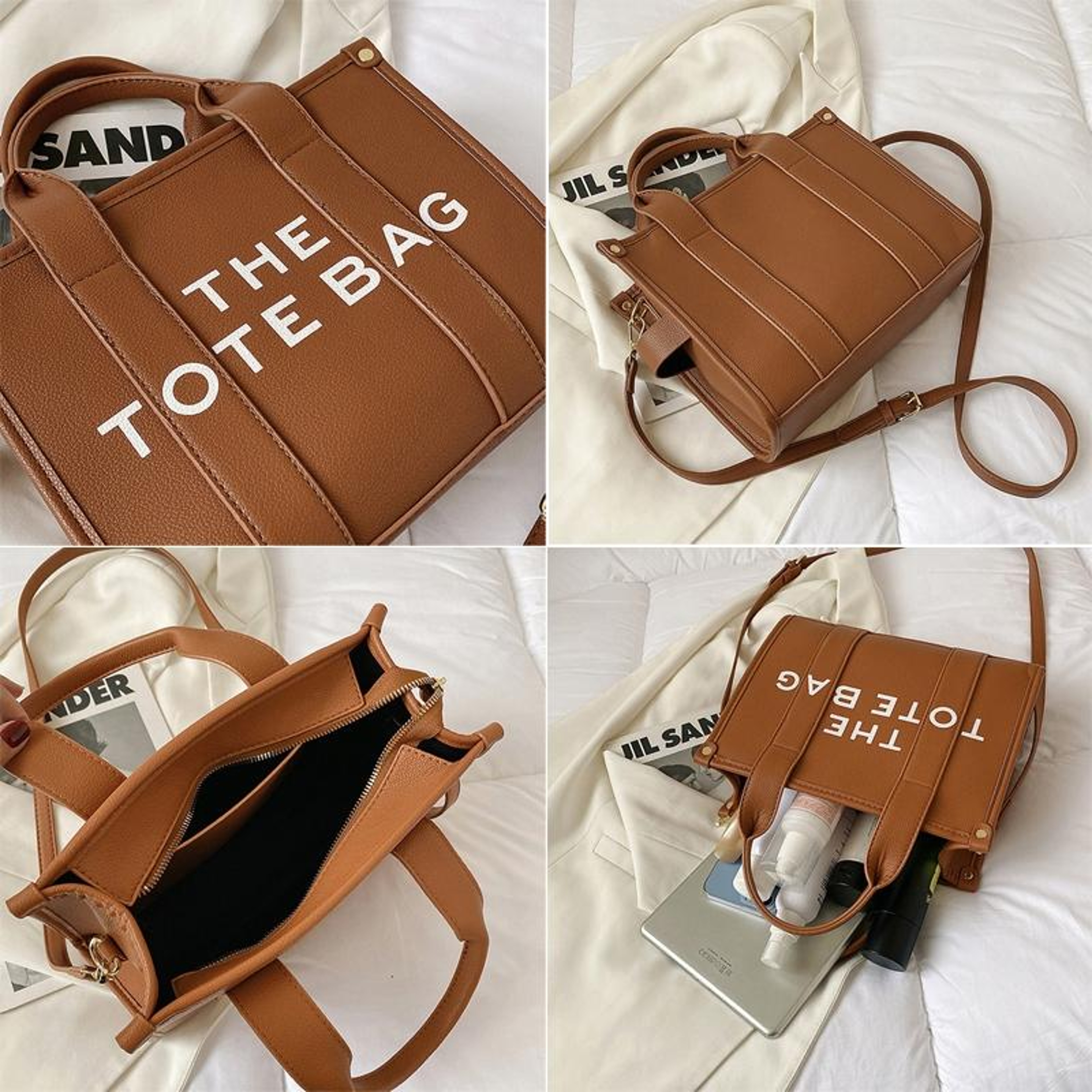 Womens PU Leather Tote and Crossbody Bag with Adjustable Strap Small Khaki – view 3