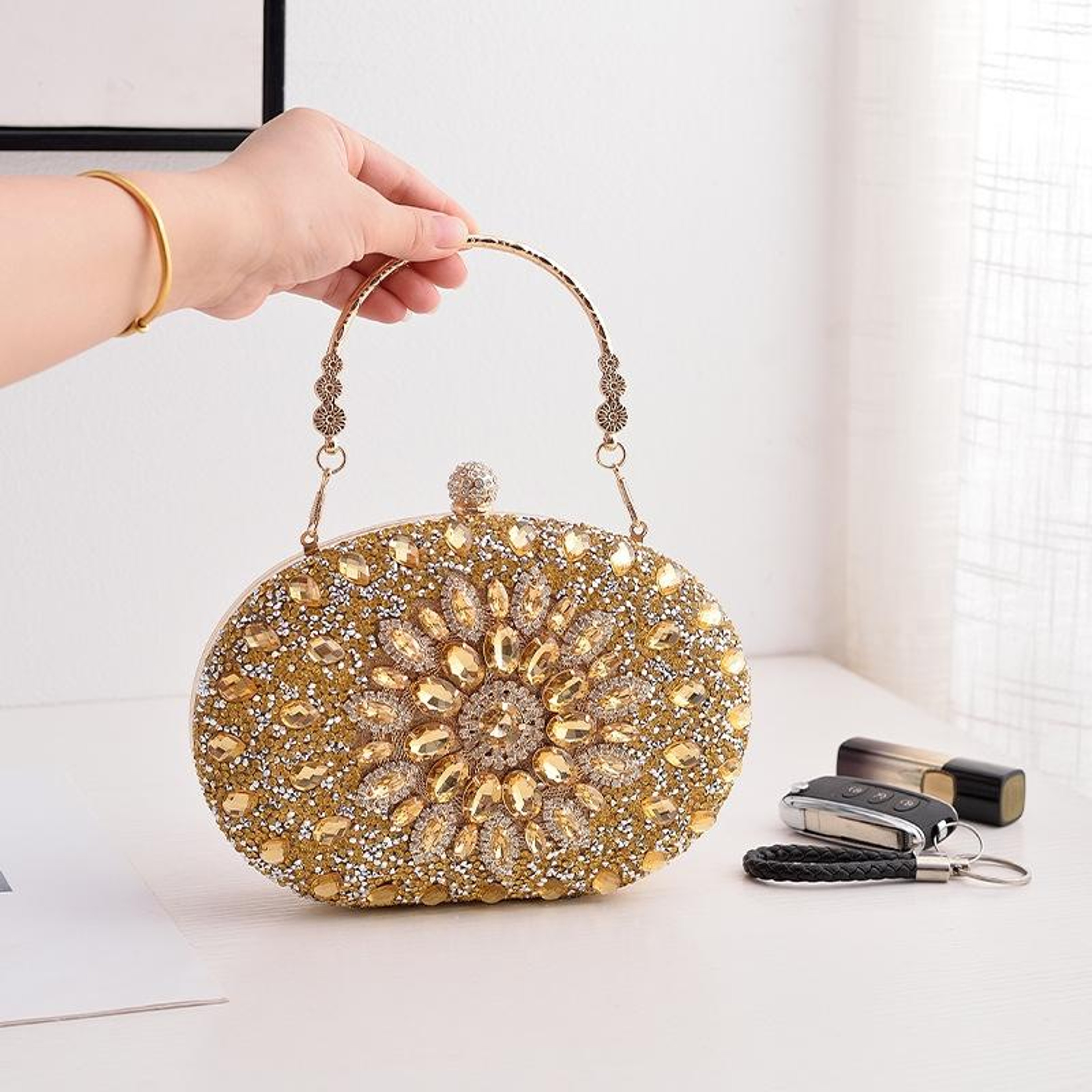 Gold Oval Sunflower Diamond Evening Clutch Bag for Parties – view 14