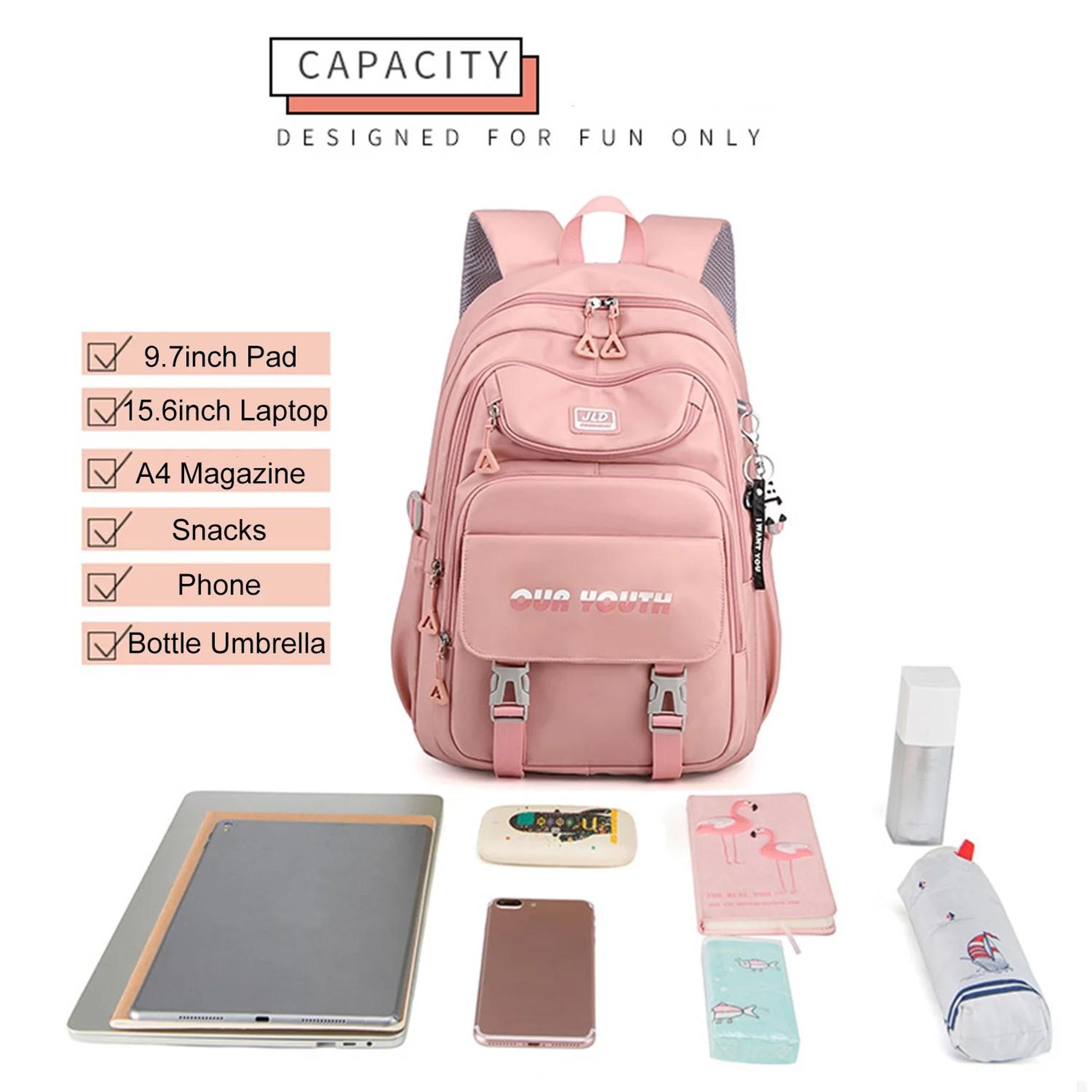 Lightweight School Backpack for Girls with Multiple Pockets and Luggage Strap – view 3