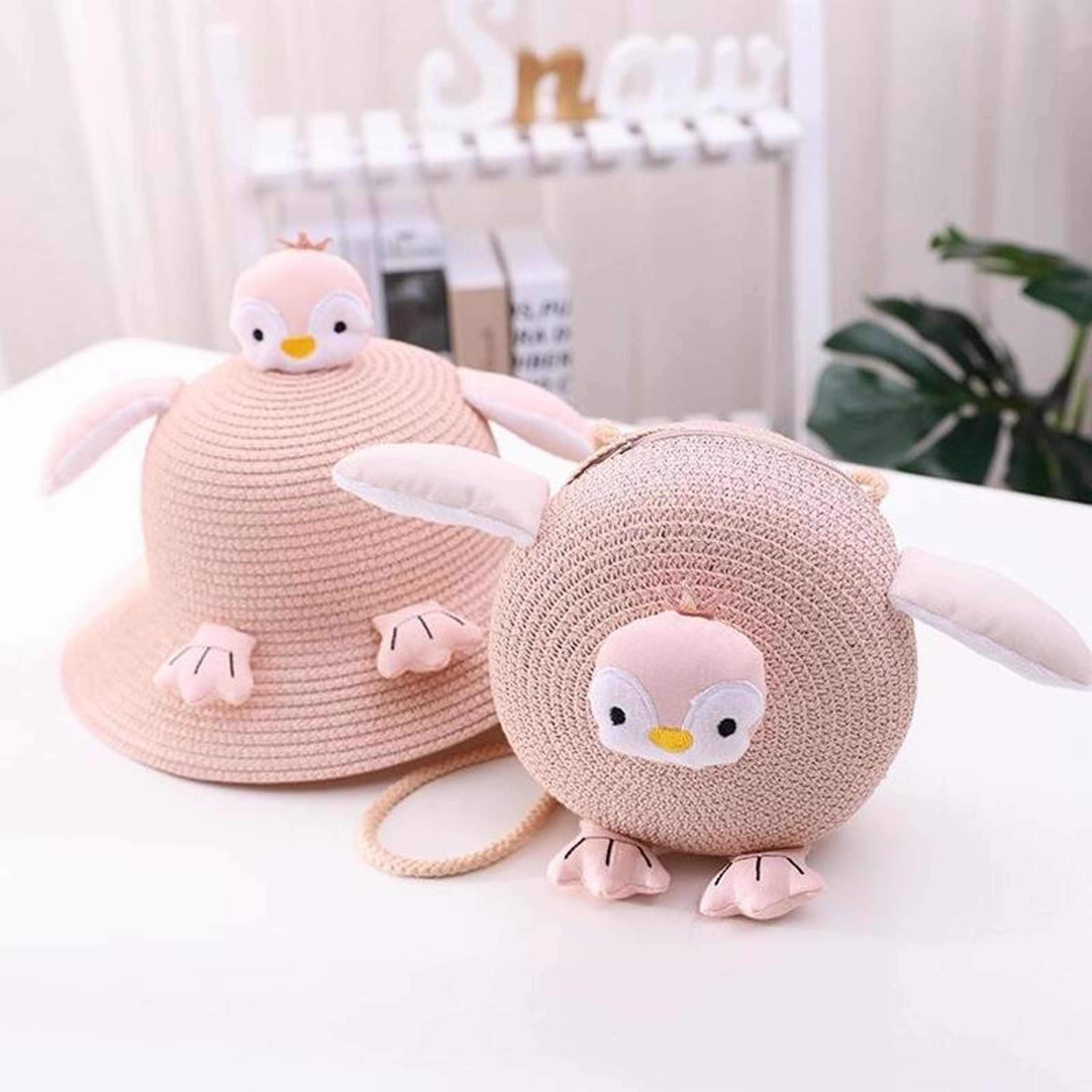 Girls Straw Bucket Hat and Bag Set for Kids in Milk White – view 11