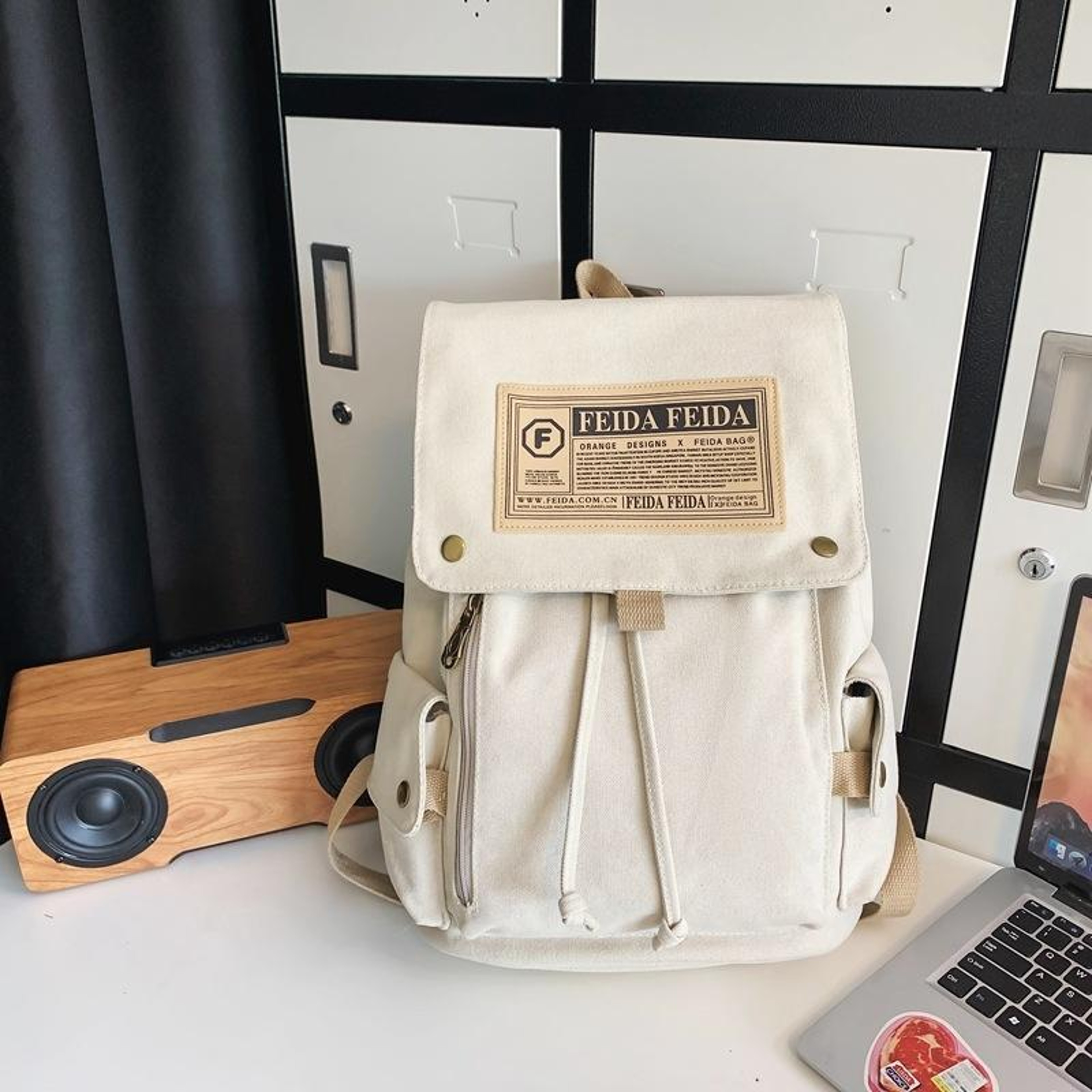 Large Canvas Drawstring Backpack with Zipper Pockets for School and Travel – view 9