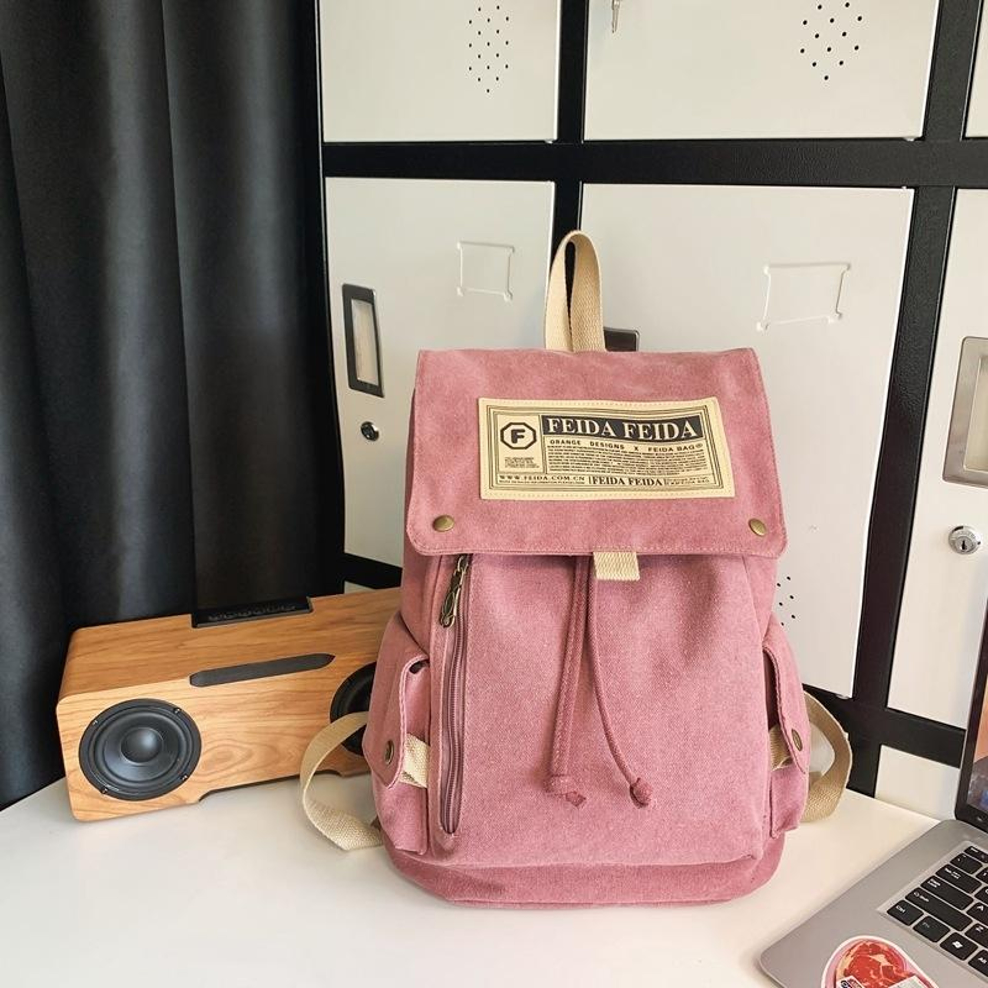 Large Canvas Drawstring Backpack with Zipper Pockets for School and Travel – view 10