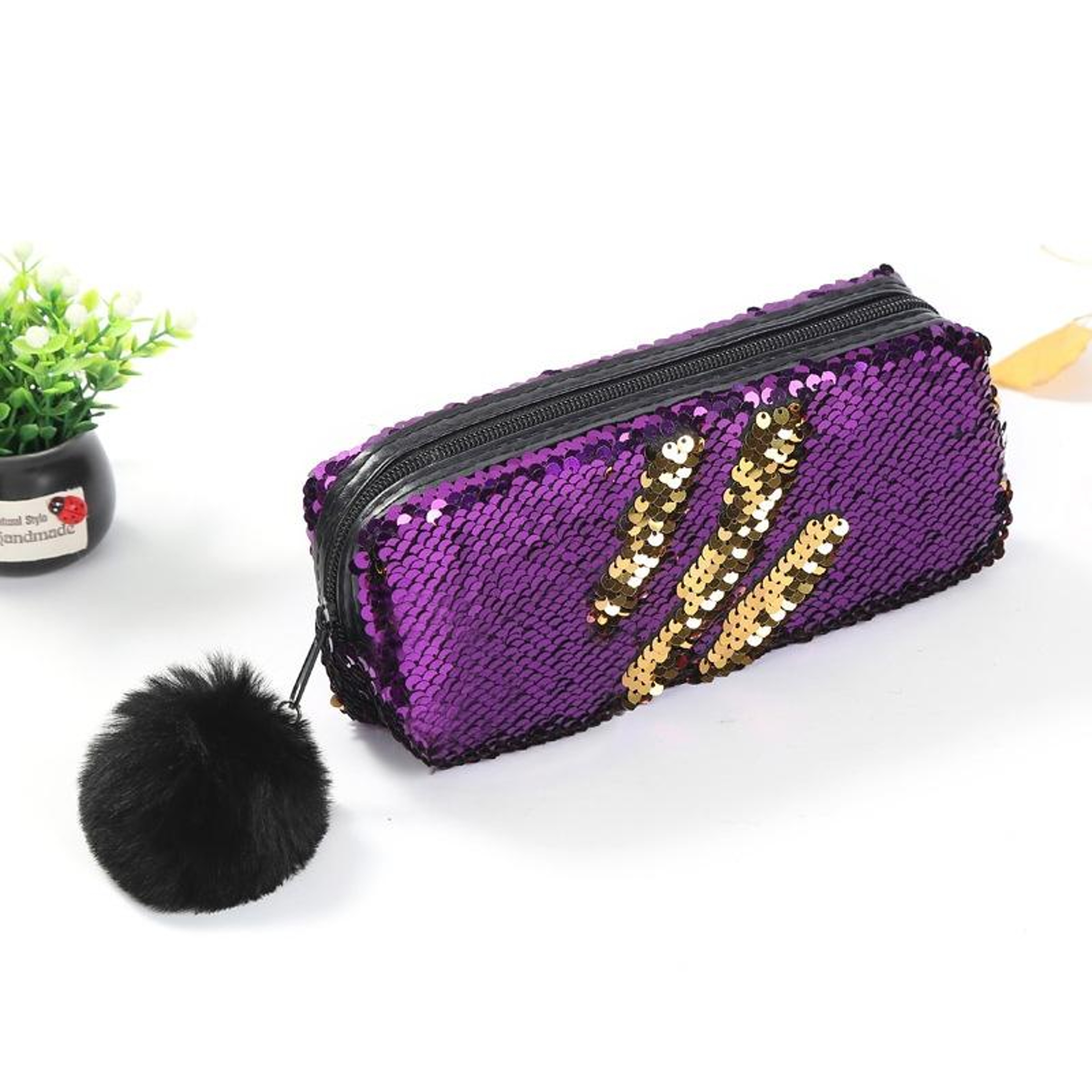 Reversible Sequin Pencil Case for Girls with Purple and Gold Design – view 1