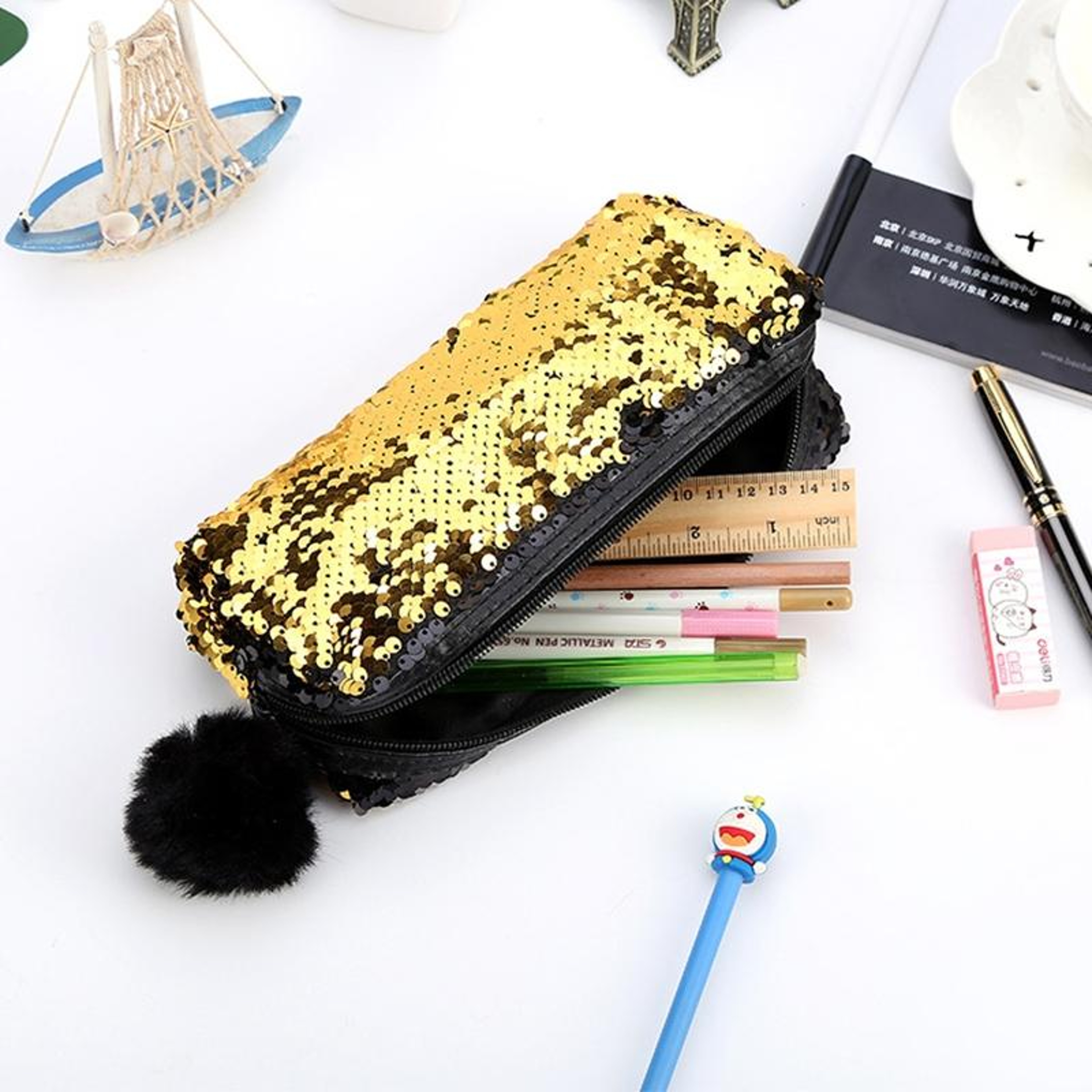 Reversible Sequin Pencil Case for Girls with Purple and Gold Design – view 5