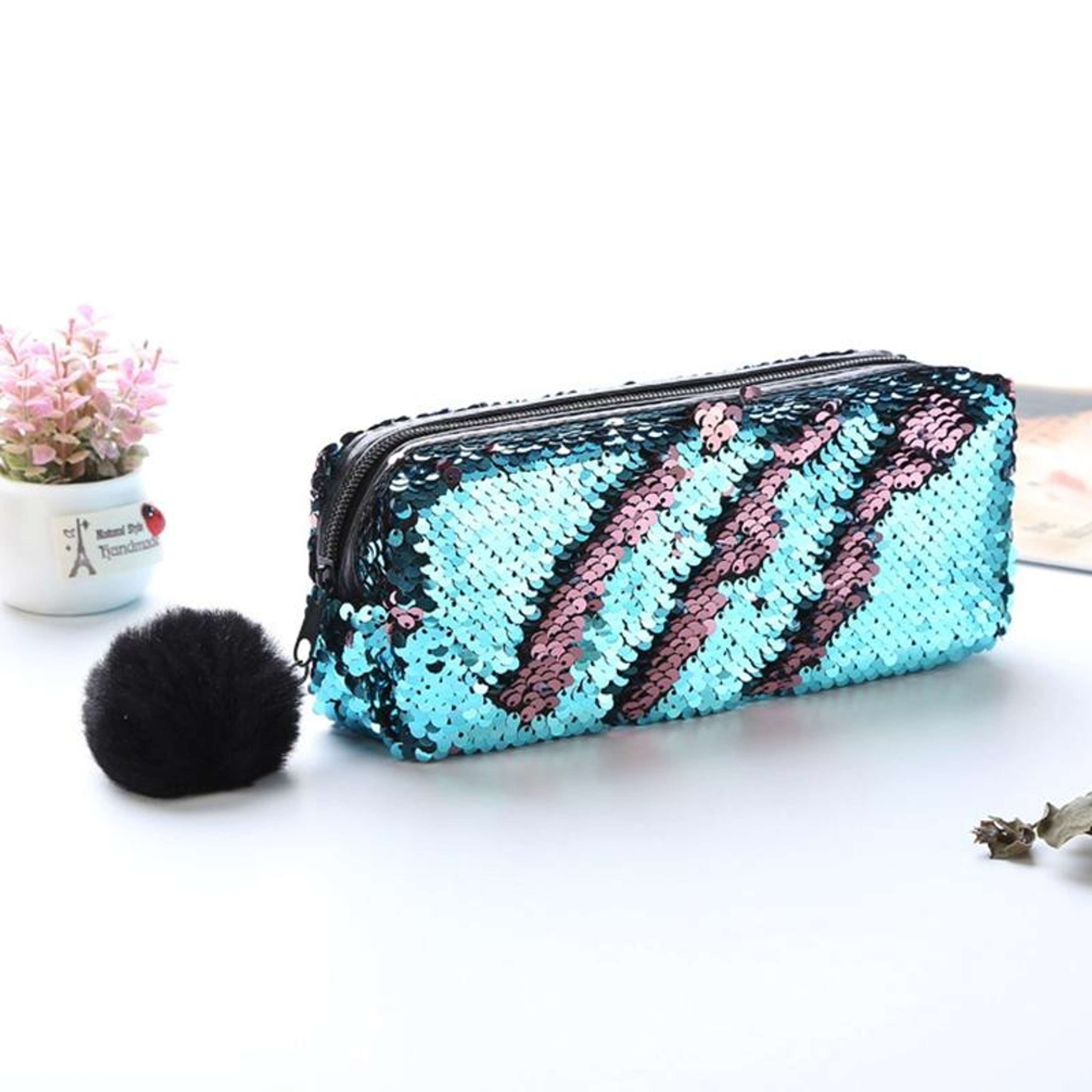 Reversible Sequin Pencil Case for Girls with Purple and Gold Design – view 6