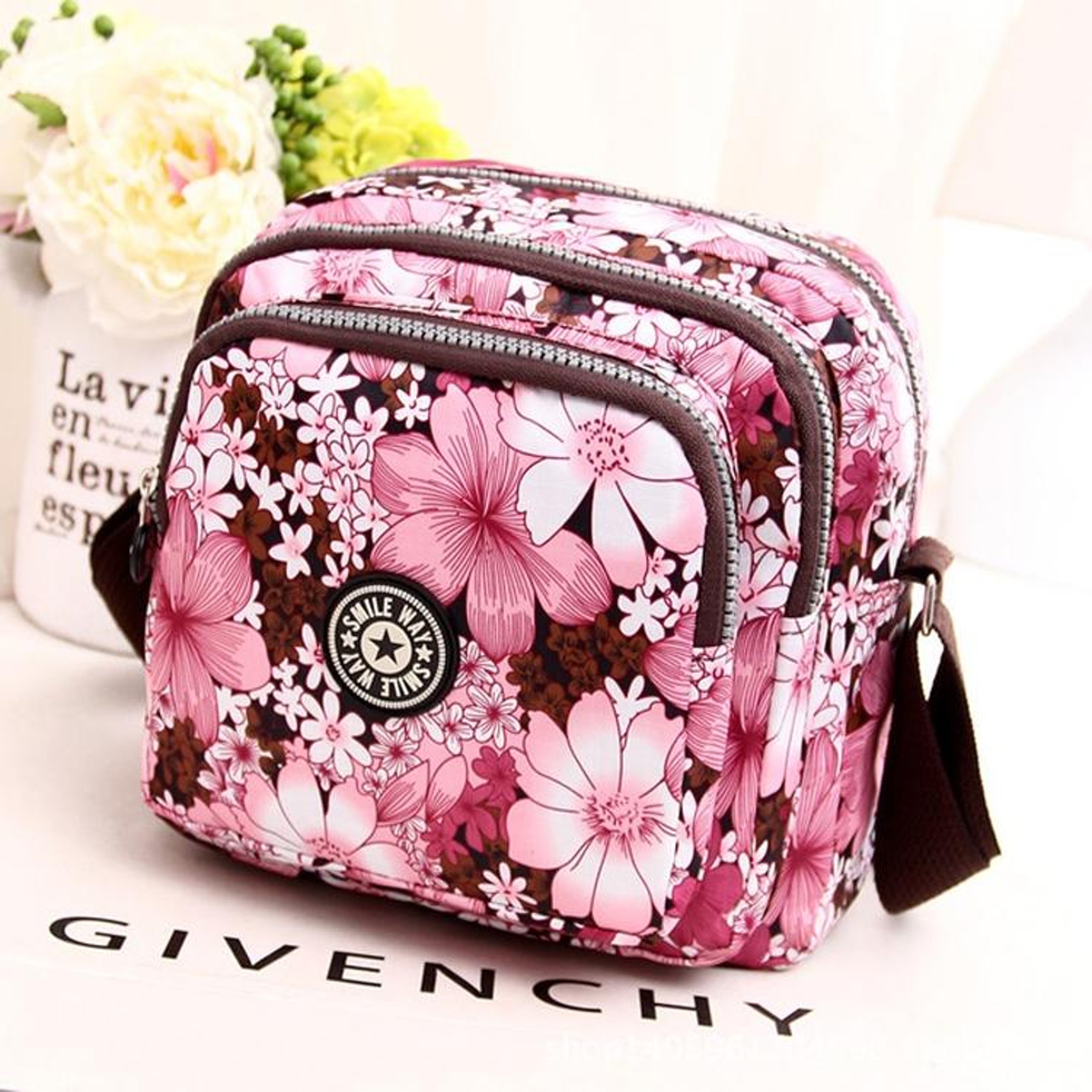 Womens Floral Nylon Shoulder Bag and Crossbody Handbag with Zipper – view 2