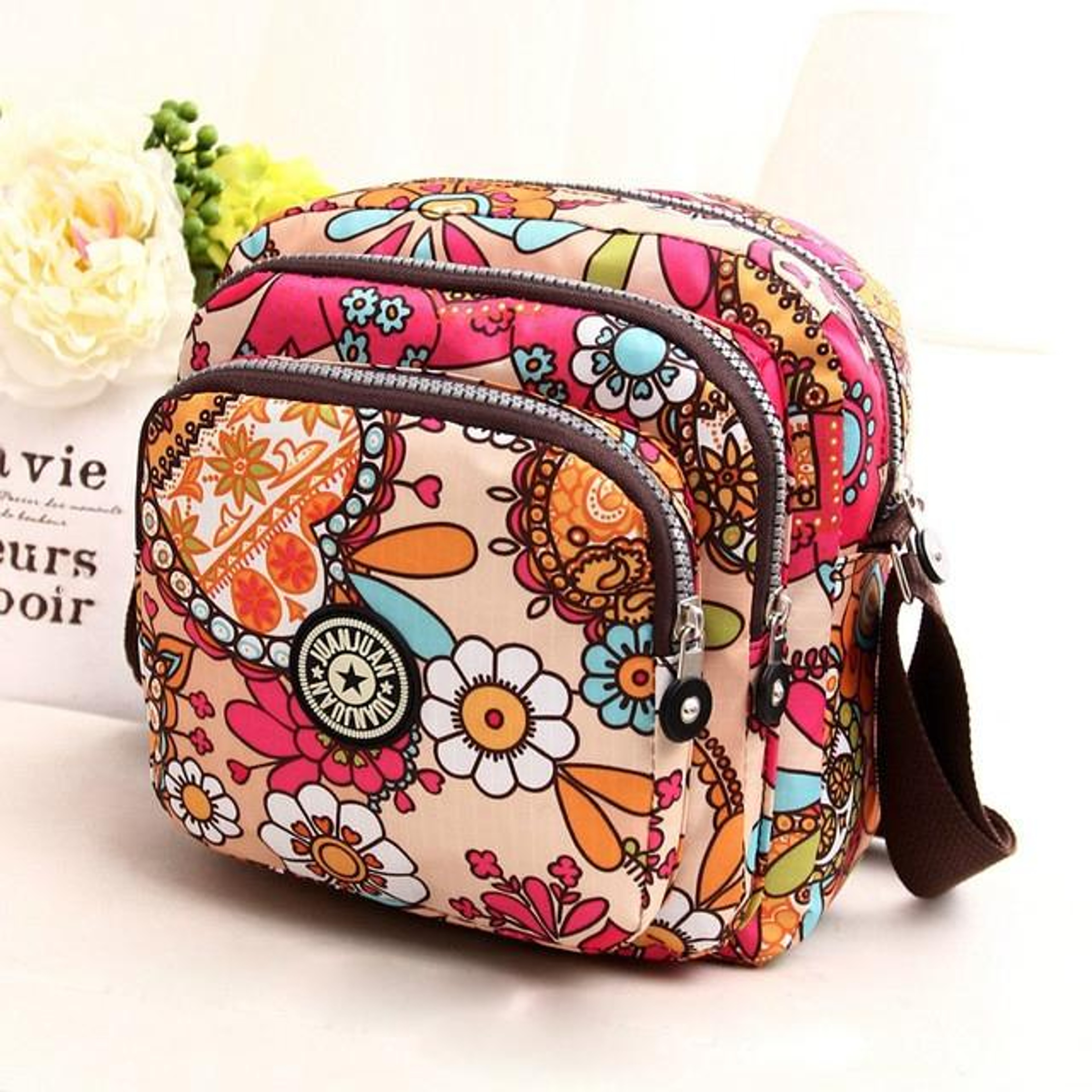 Womens Floral Nylon Shoulder Bag and Crossbody Handbag with Zipper – view 9