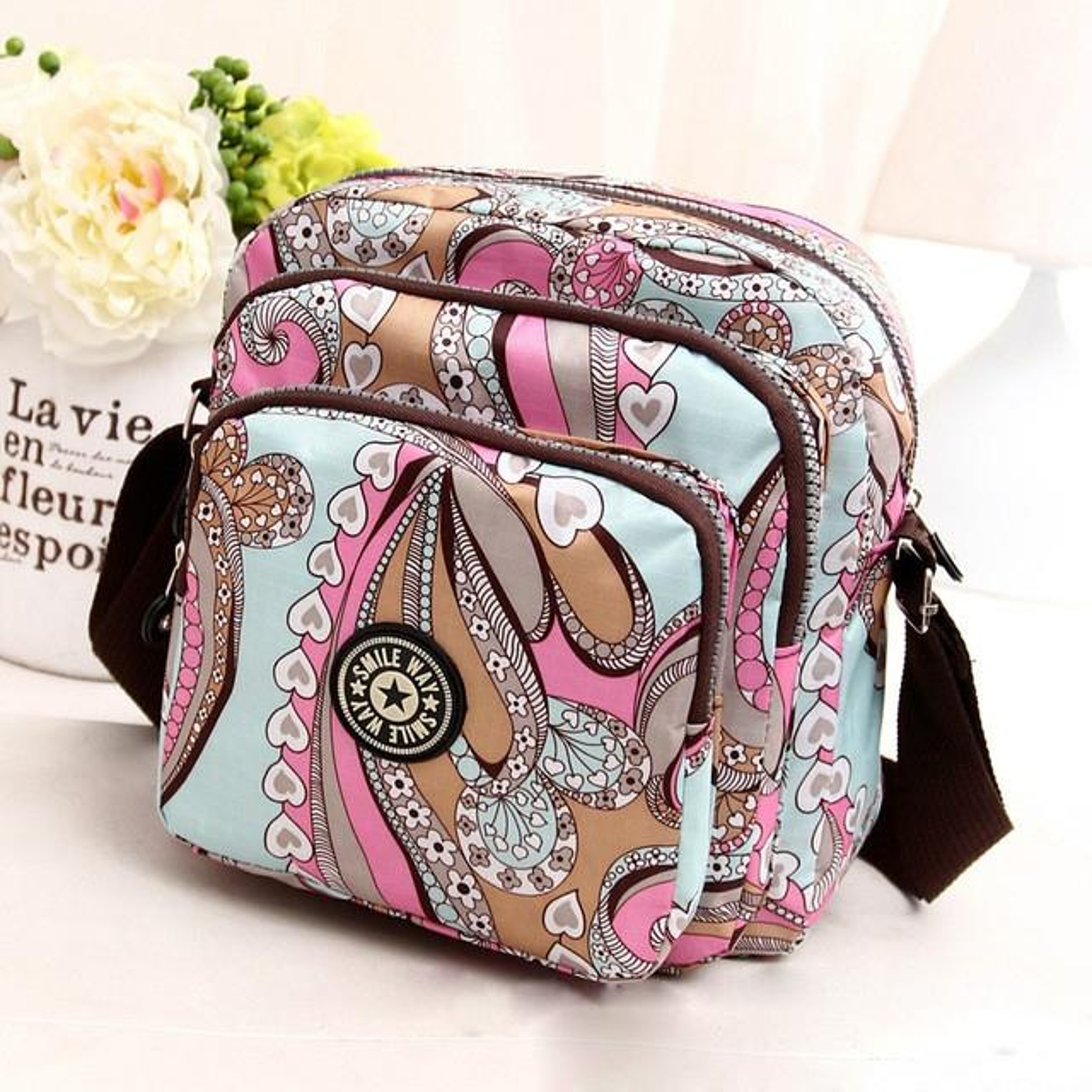 Womens Floral Nylon Shoulder Bag and Crossbody Handbag with Zipper – view 14