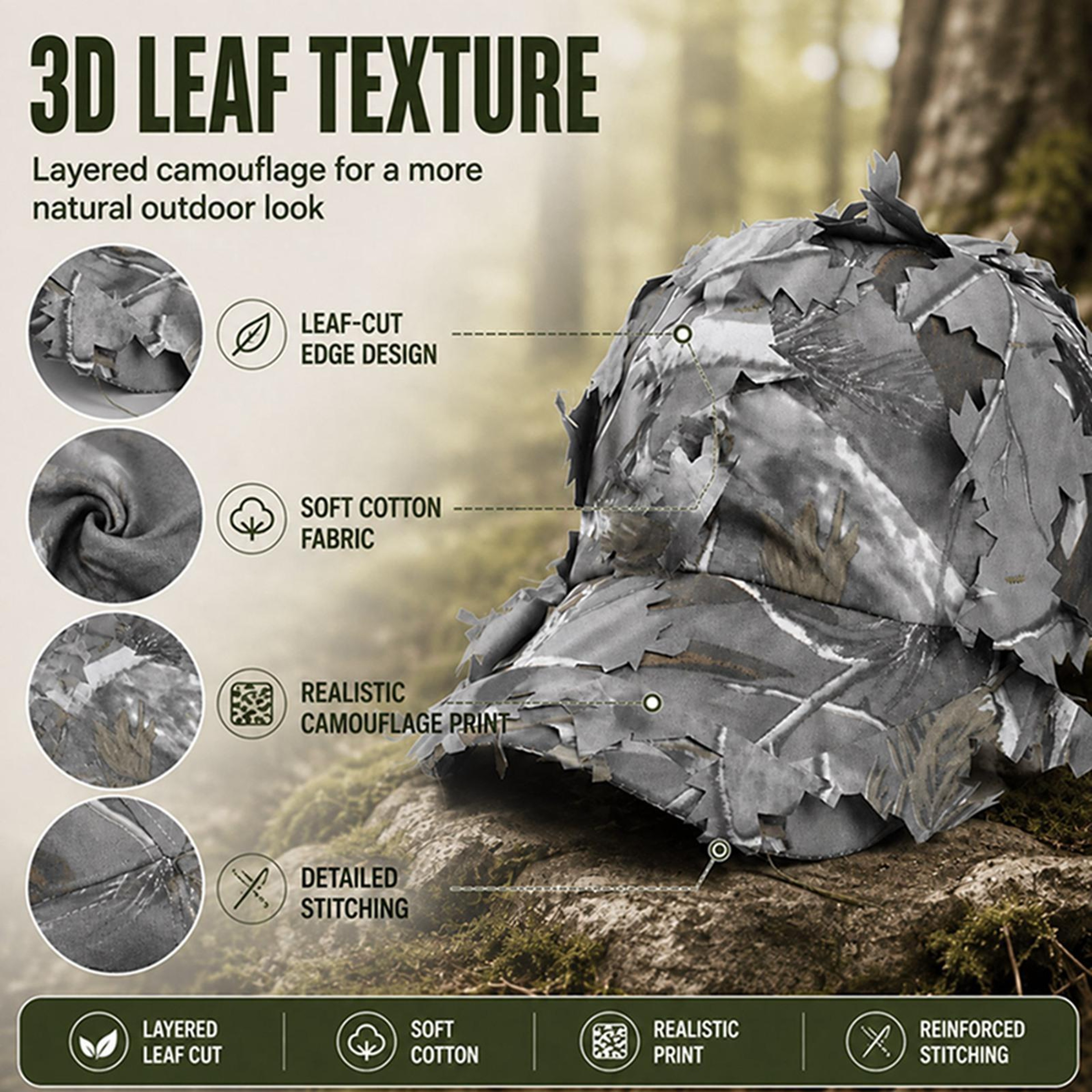 Outdoor Camouflage Baseball Cap with 3D Leaf Design and Curved Brim – view 5