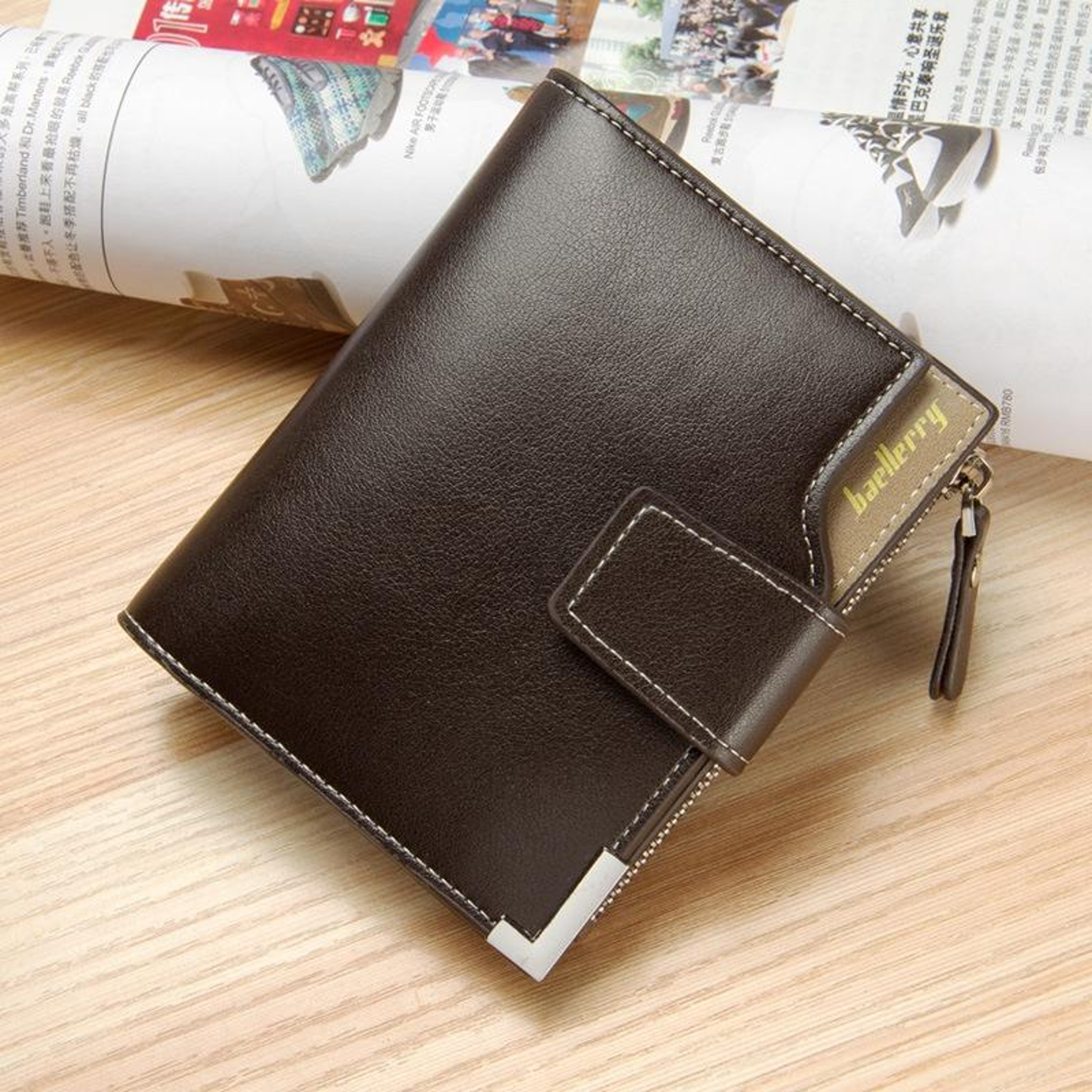 Mens Tri Fold Wallet with Zipper Closure and Multiple Card Slots – view 7