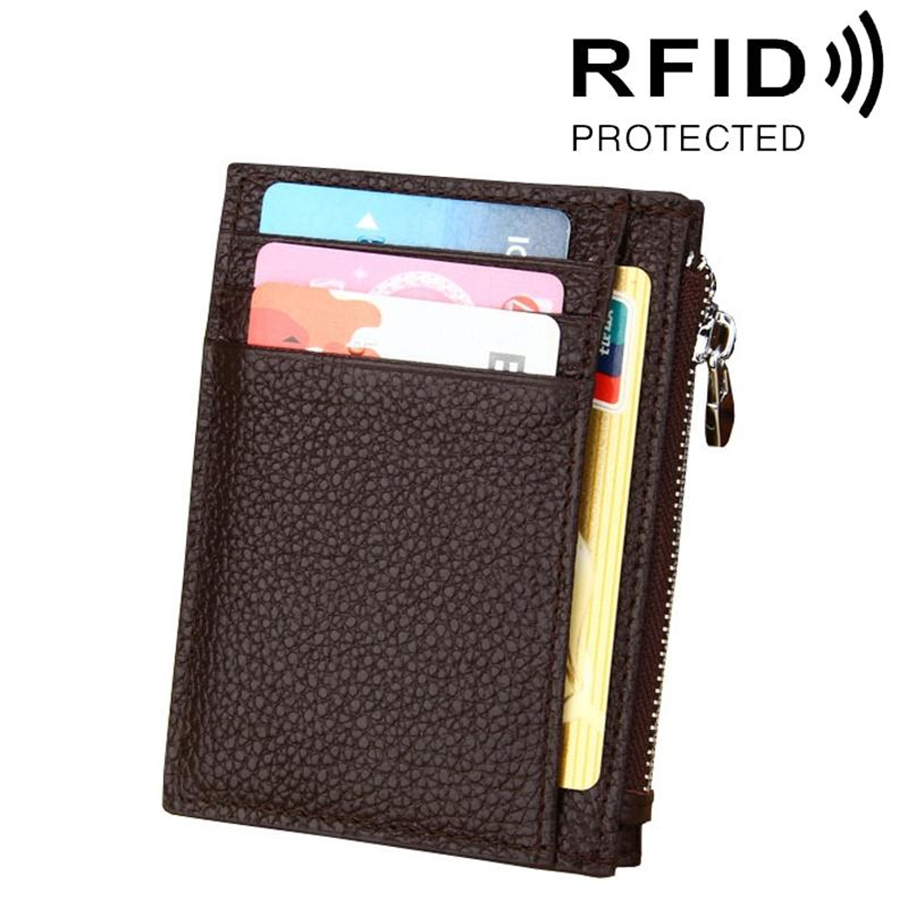 Cowhide Leather RFID Blocking Card Holder Wallet with Zipper and Coin Pocket – view 1