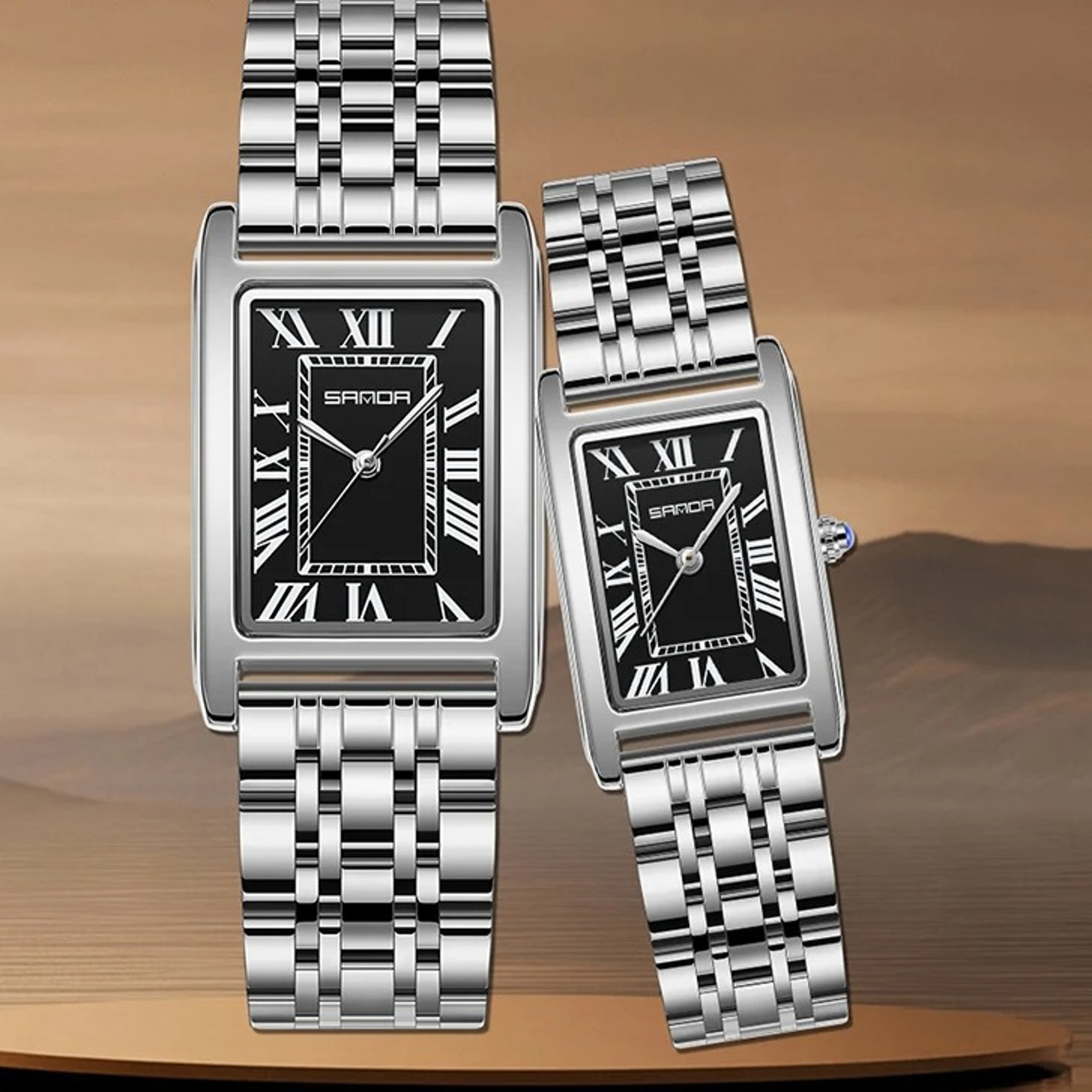 SANDA New Fashion Couple Tank Quartz Watch Rectangular Design Dial Waterproof Watch Luxury Stainless