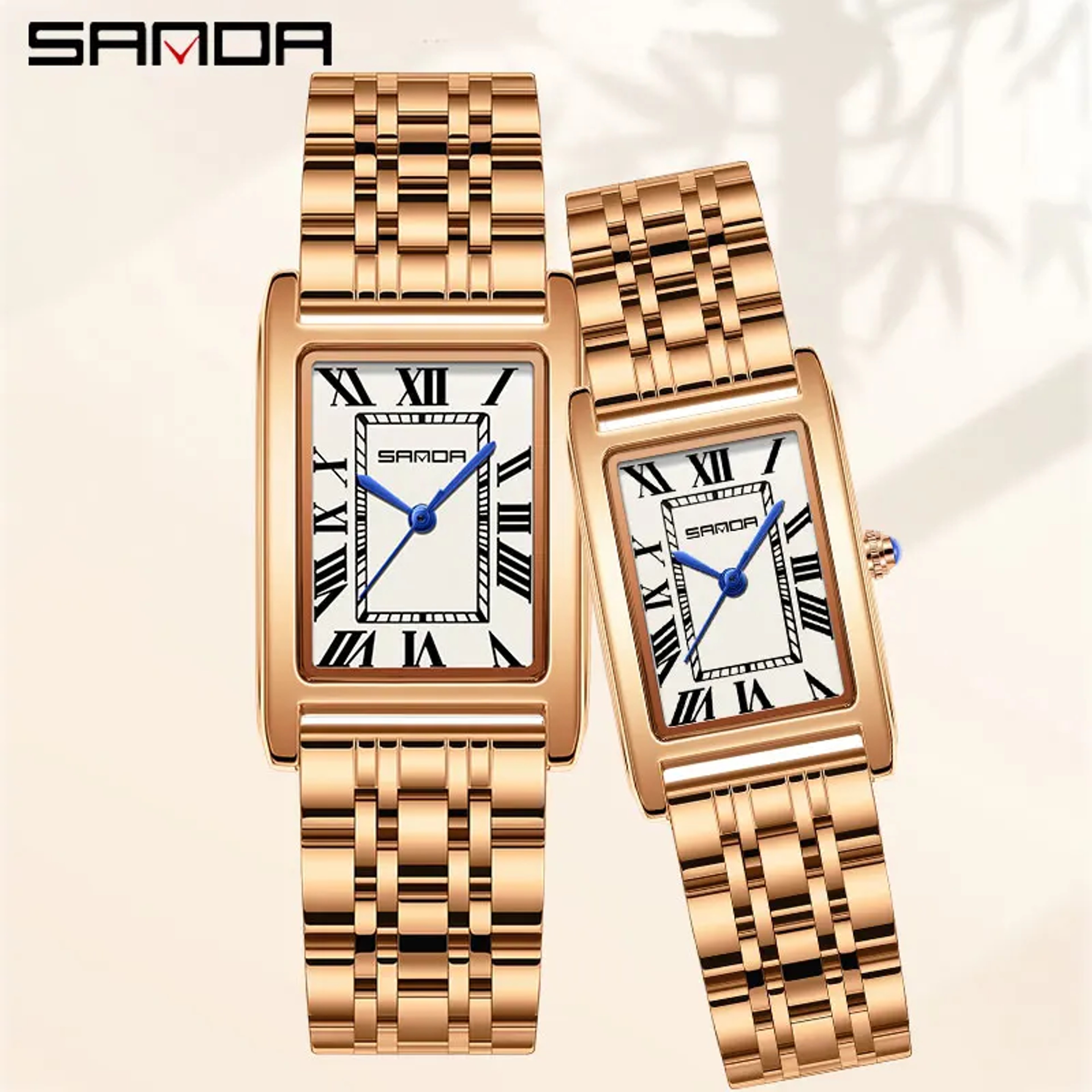 Elegant Couple Watch With Rectangular Dial Stainless Steel Strap And Quartz Movement 1