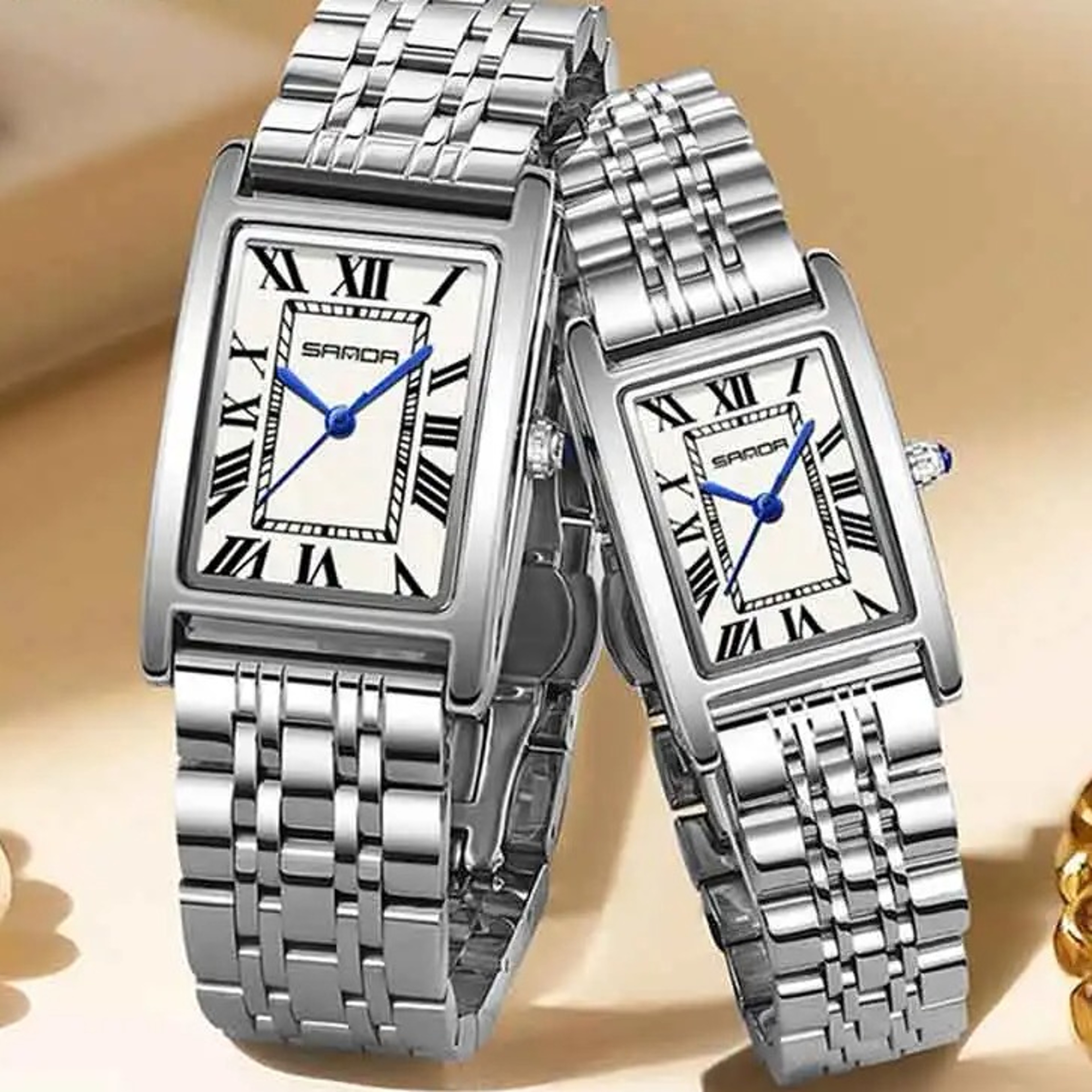 SANDA Topgrade Couple Tank Watch Elegant Design Rectangular Dial Waterproof Quartz Movement Stainlej