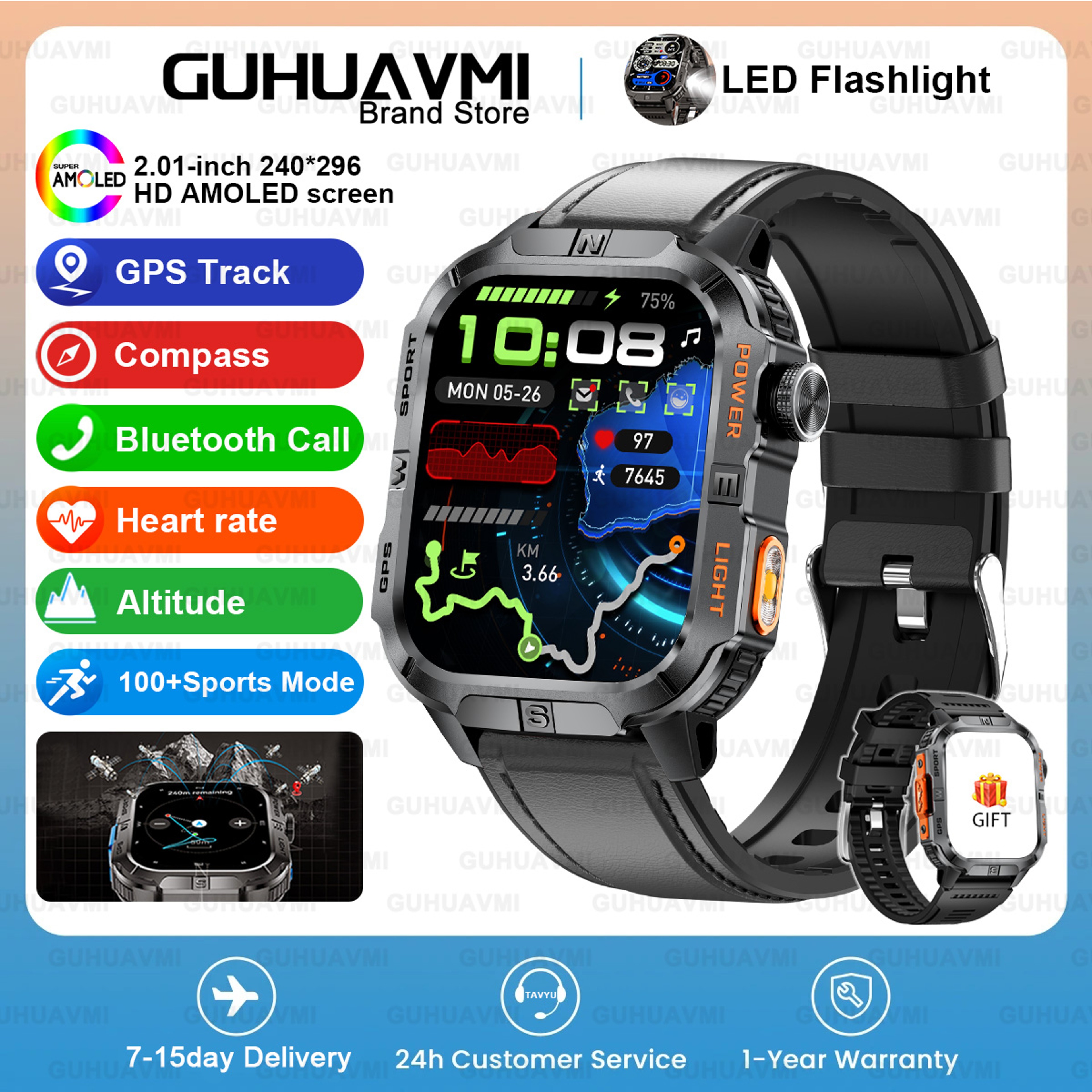 Rugged GPS Military Smartwatch for Men with AMOLED Display, Flashlight & Bluetooth Calling – view 11