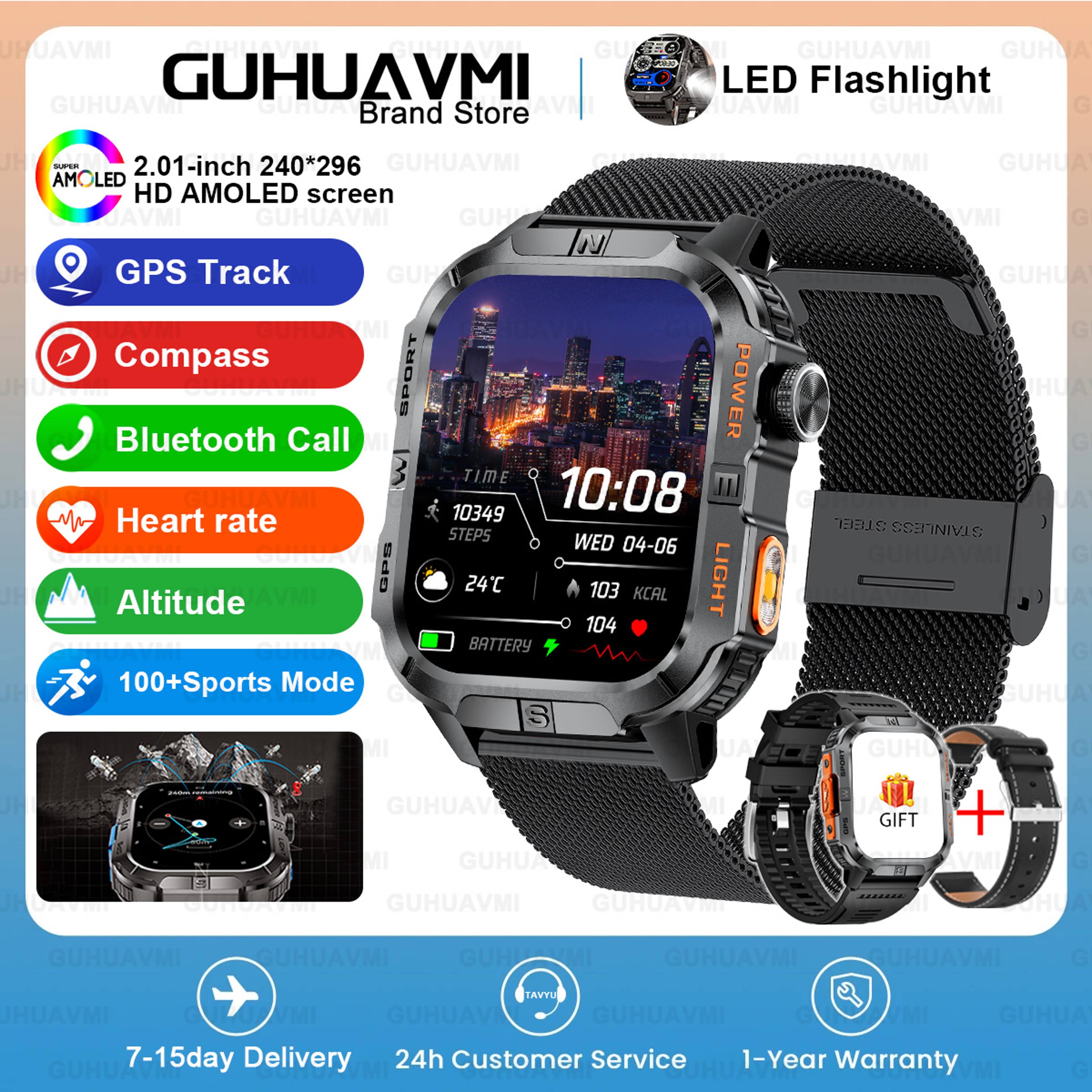 Rugged GPS Military Smartwatch for Men with AMOLED Display, Flashlight & Bluetooth Calling – view 17