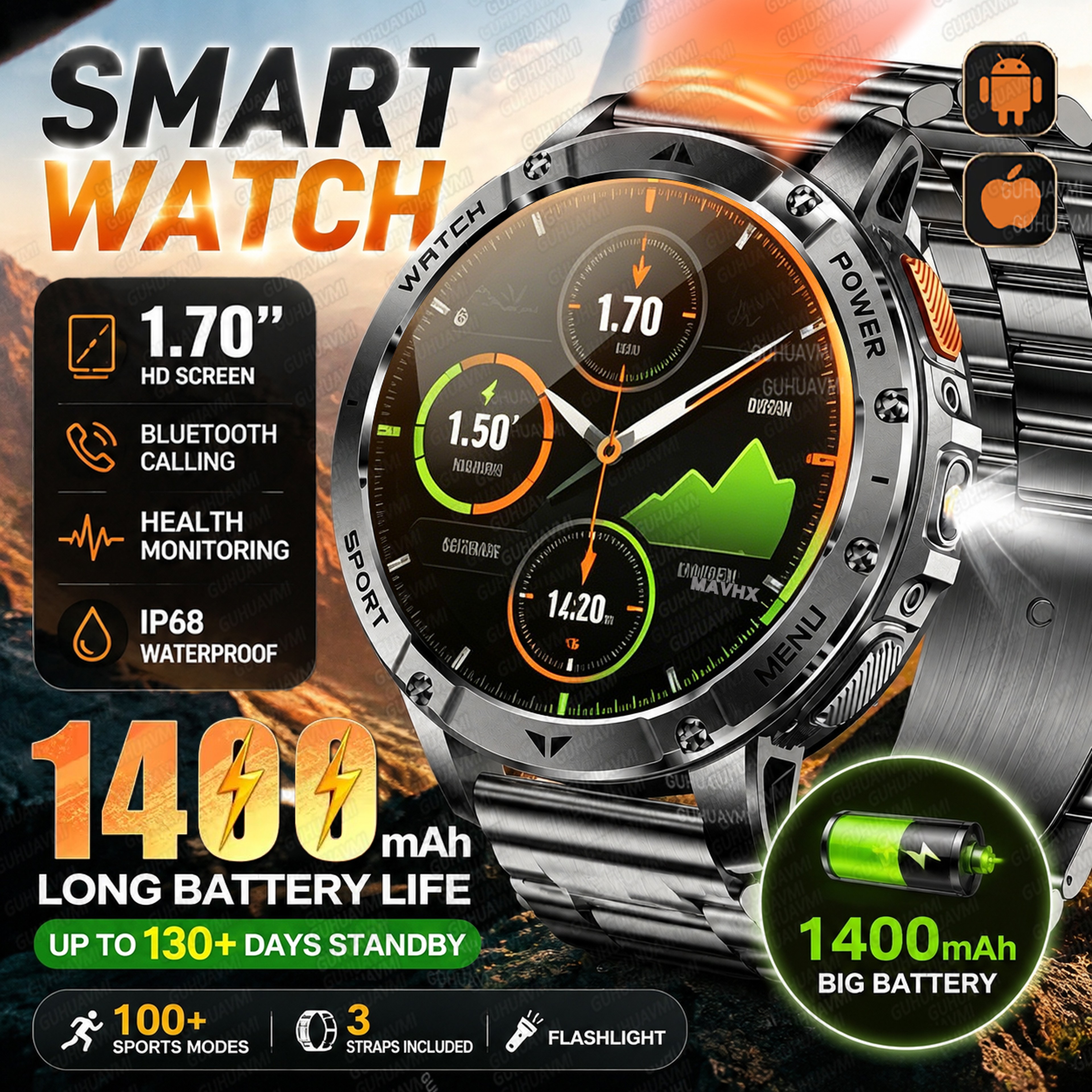 Rugged GPS Smart Watch With AMOLED Display Battery  Water Proofing 0