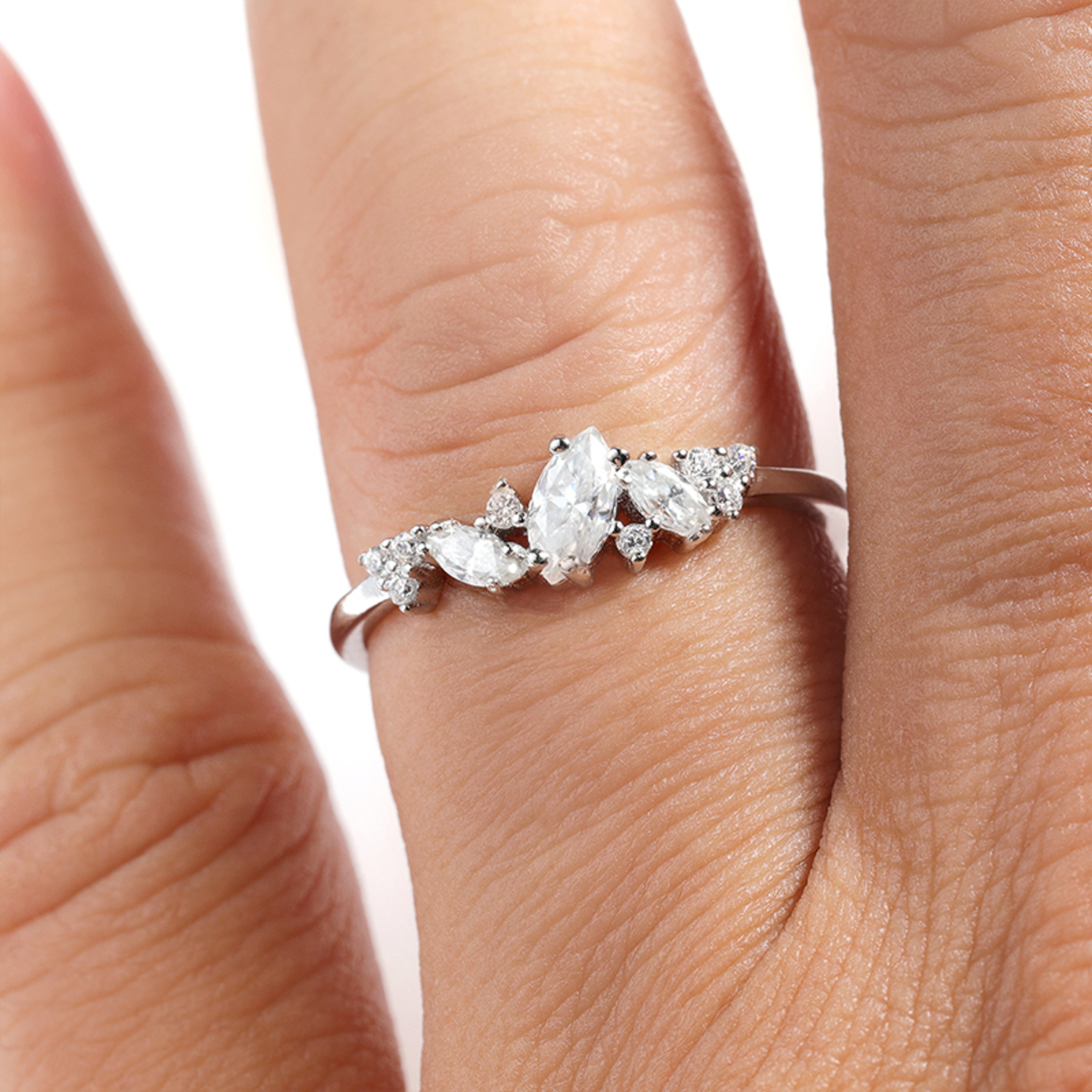 Marquise Moissanite Engagement Ring Double Halo Sterling Silver Eternity Band 3
