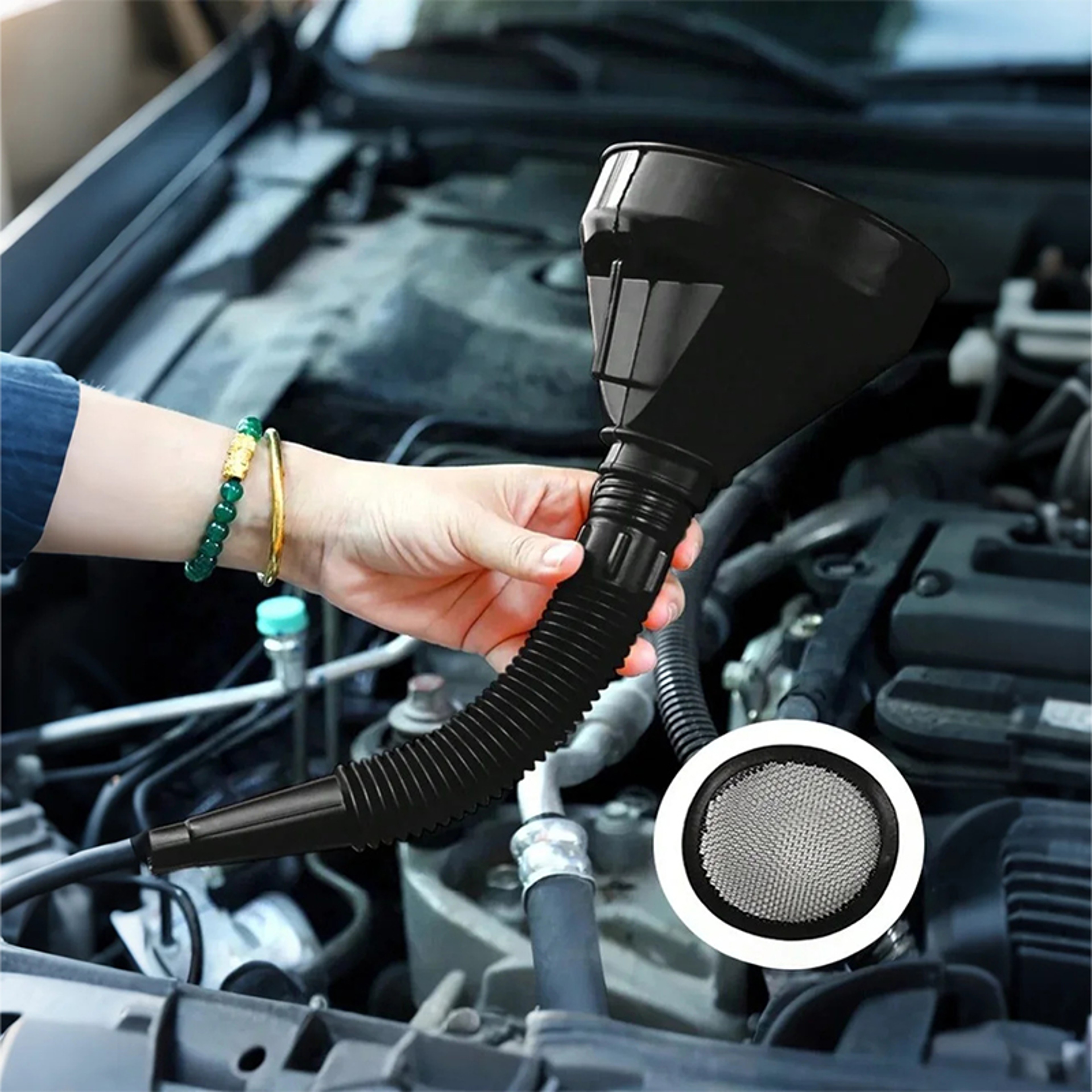 Universal Oil Funnel Kit with Filter and Flexible Hose for Spill Free Vehicle Fluid Filling – view 2
