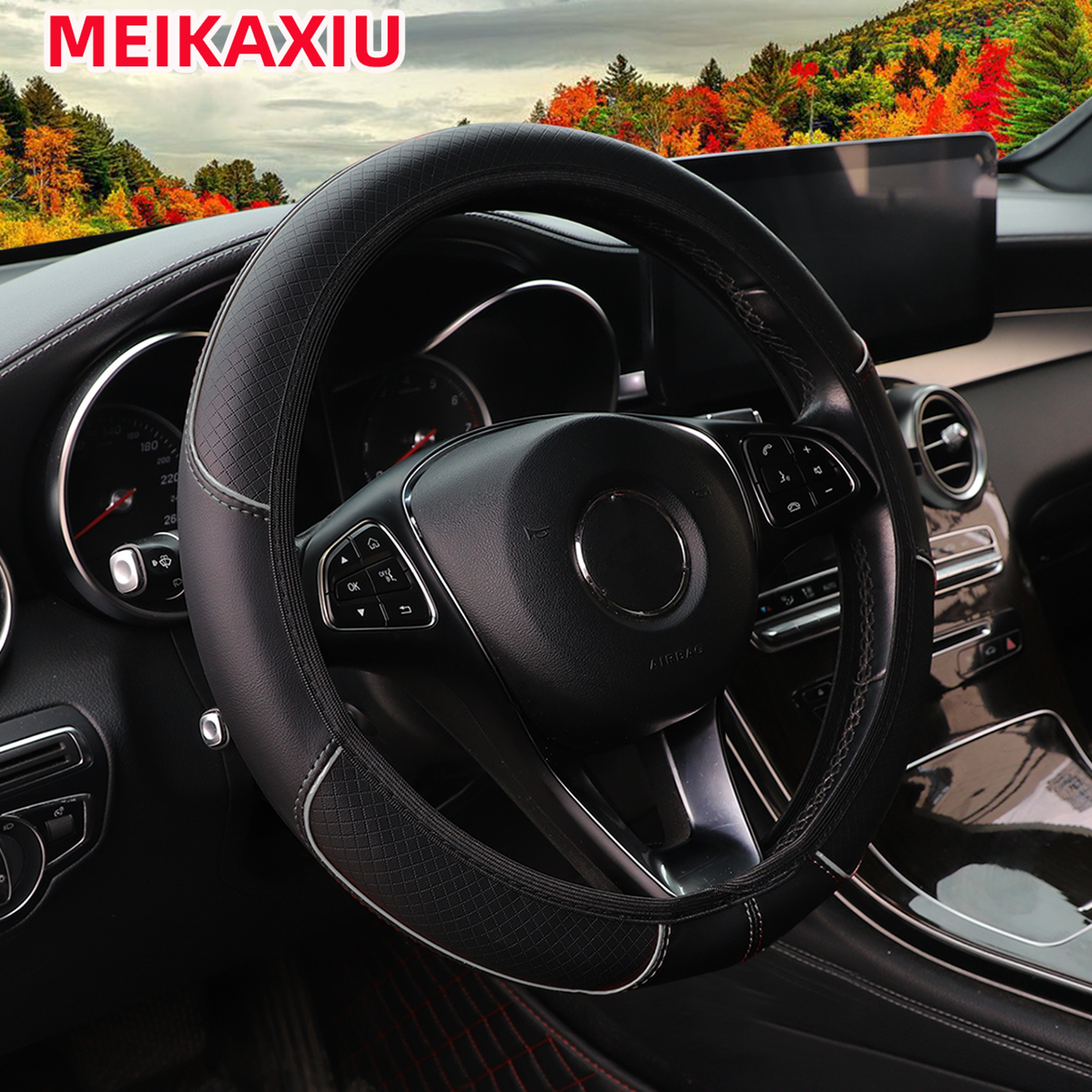 Check Pattern PU Leather Steering Wheel Cover Anti Slip Universal 3