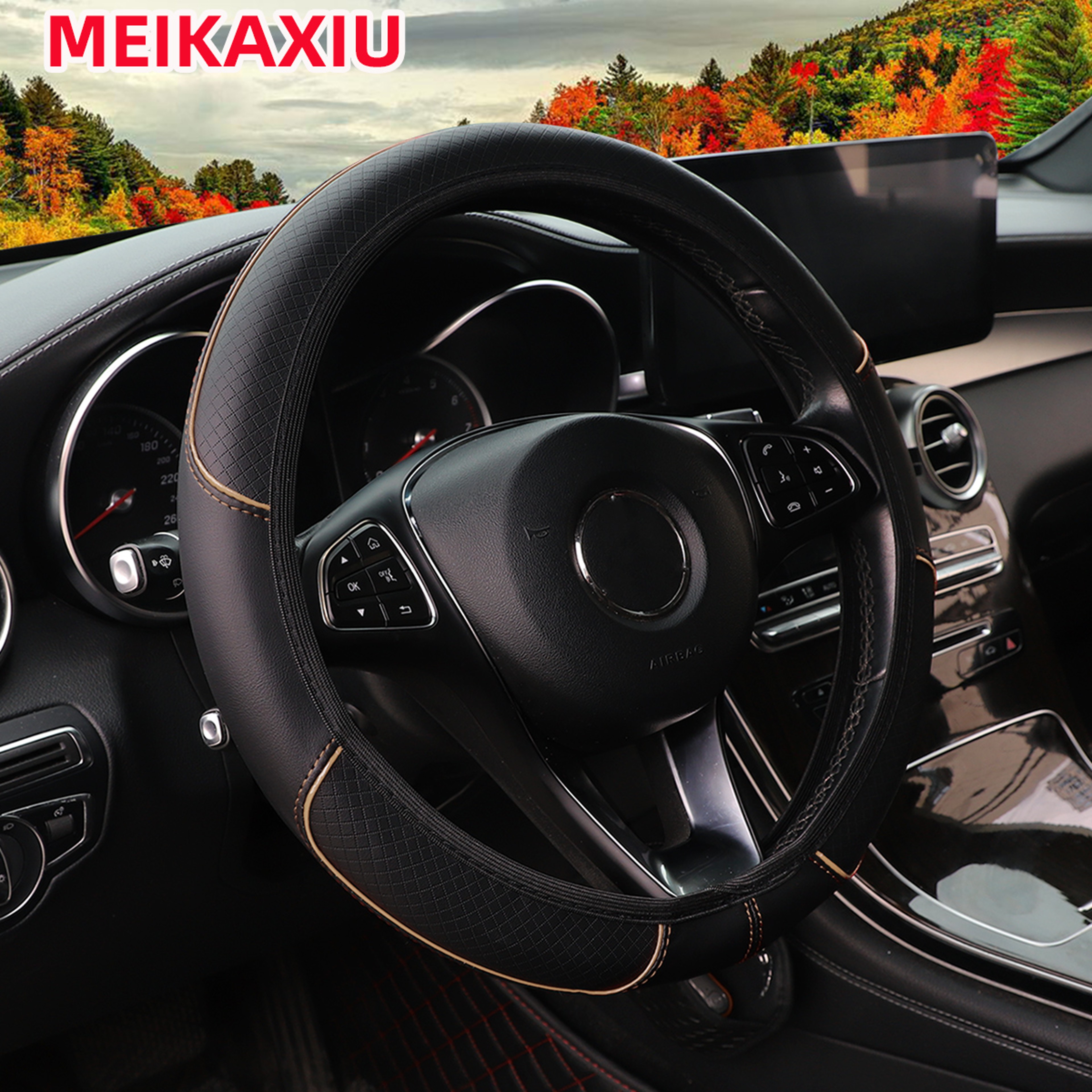 Check Pattern PU Leather Steering Wheel Cover Anti Slip Universal 4