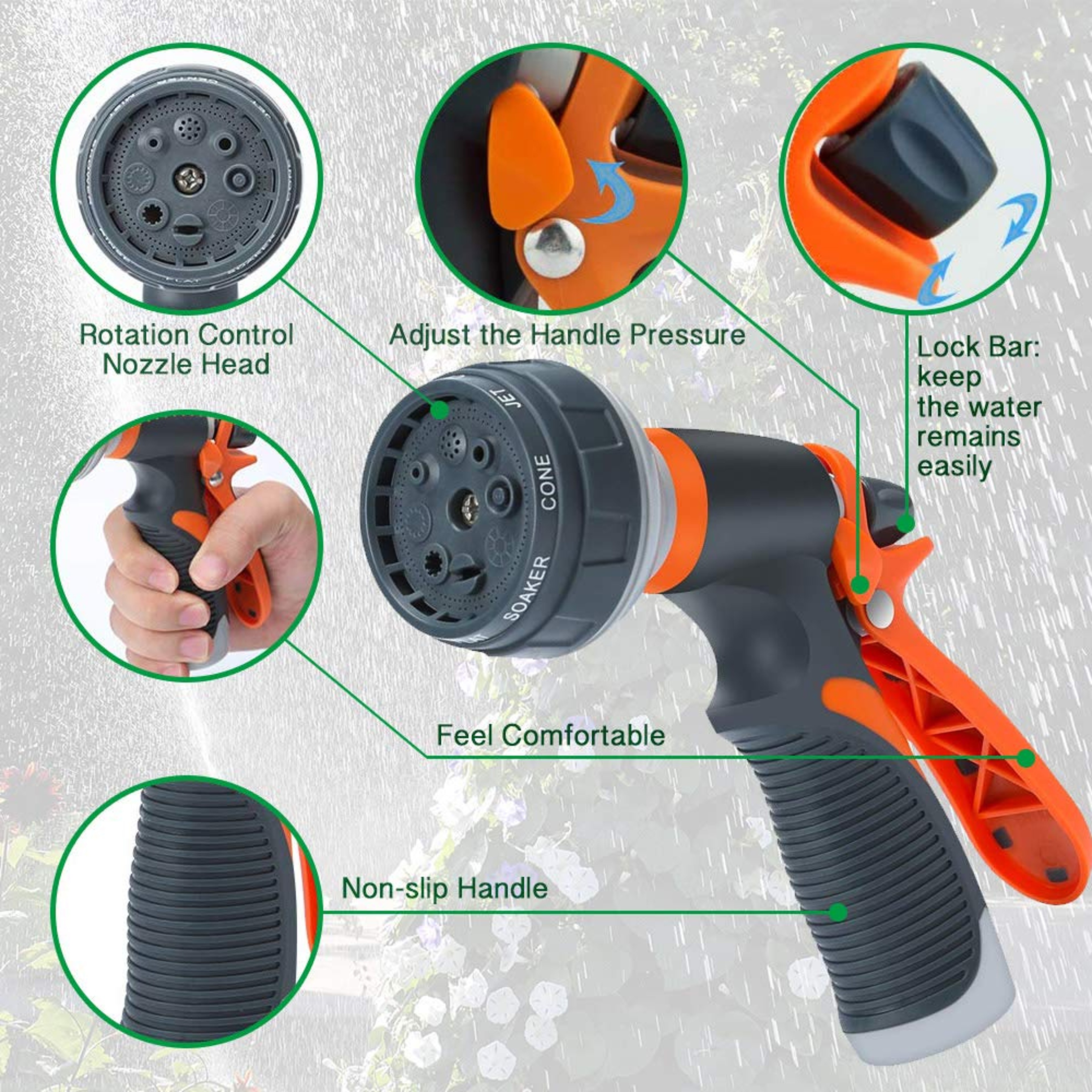 Eight Mode Garden Hose Spray Nozzle With Variable Flow Control And Soft Grip 0