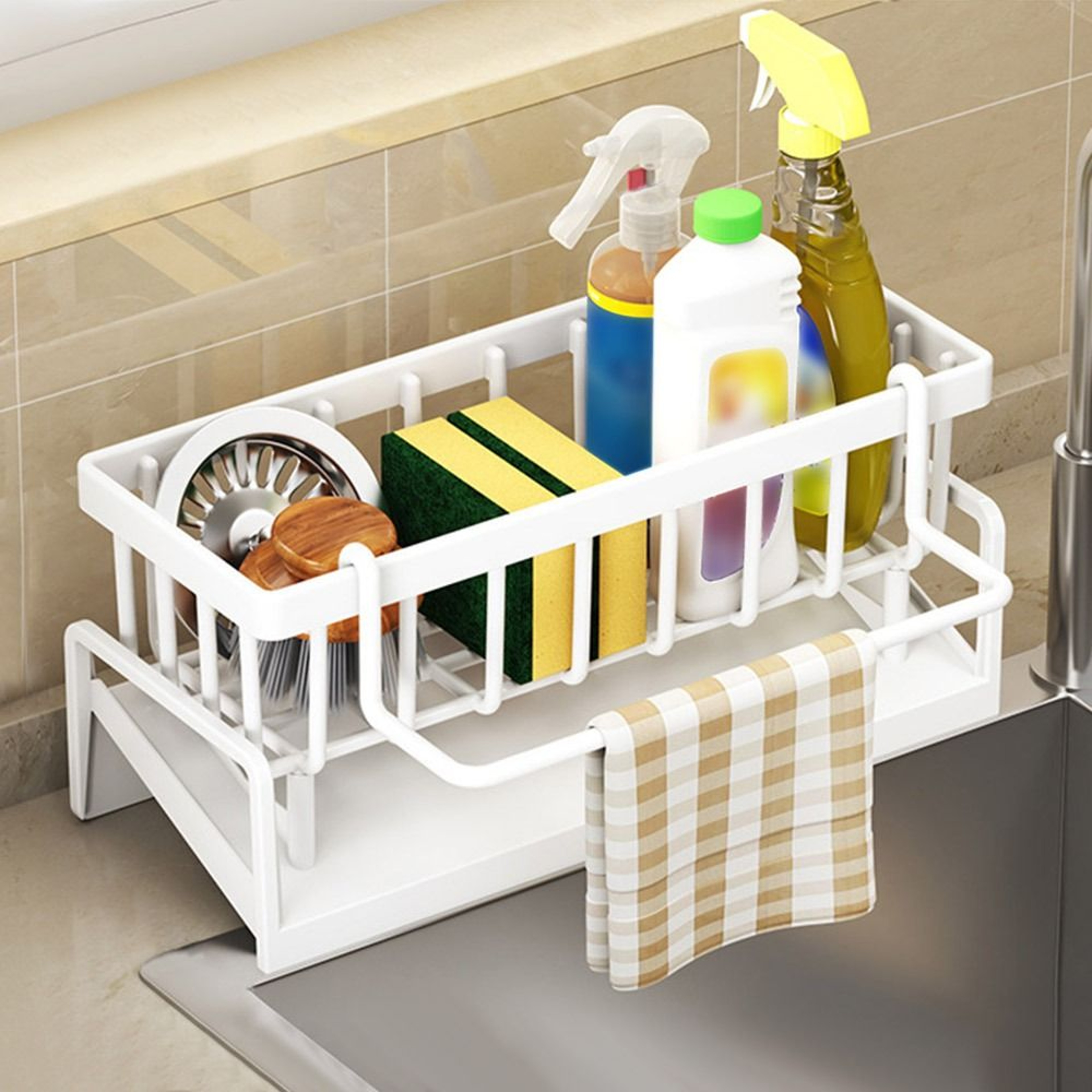 Self Draining Sink Shelf Sponge Holder And Hanging Soap Basket 1