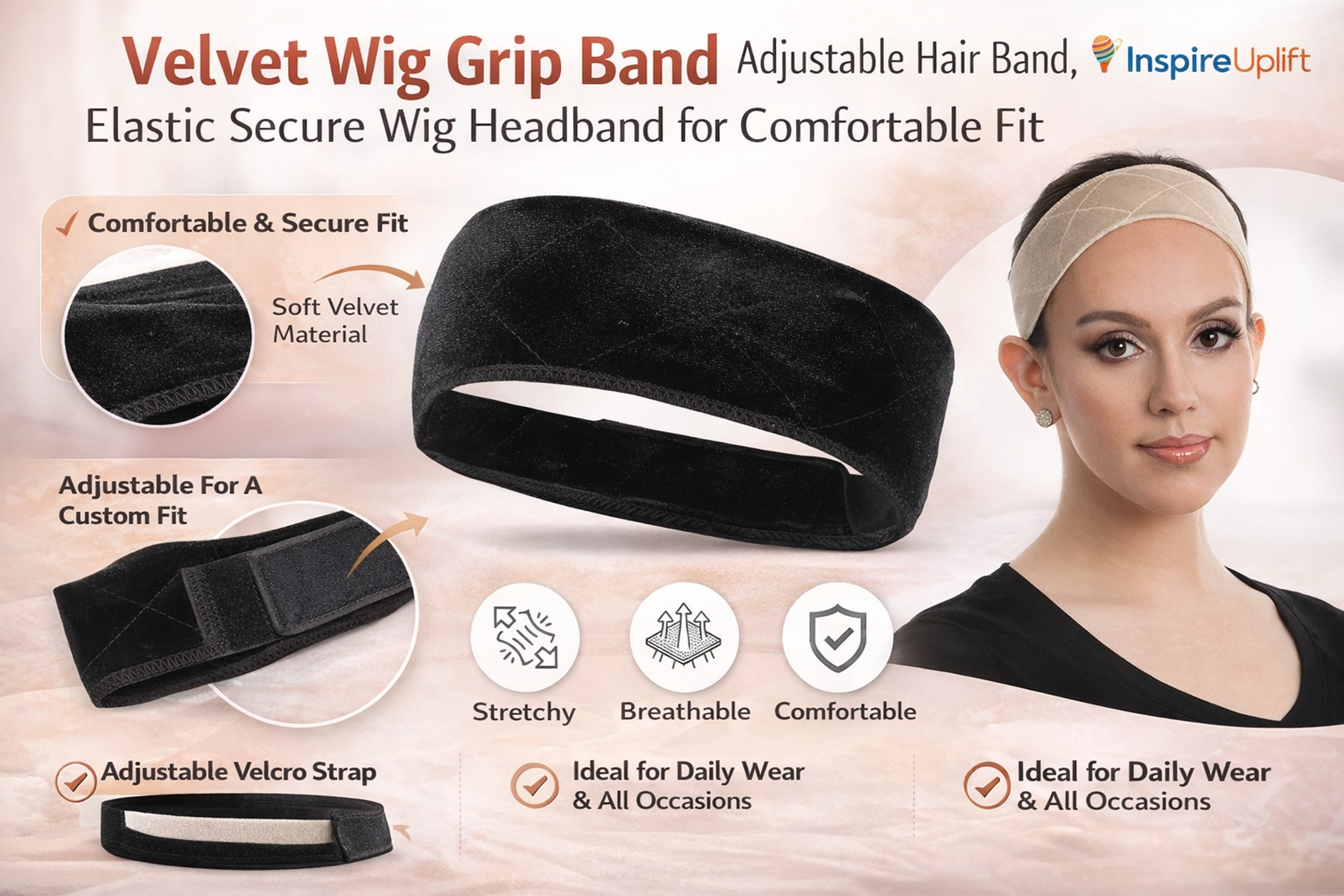 Velvet Wig Grip Band Adjustable Hair Band, Elastic Secure Wig Headband for Comfortable Fit – view 12