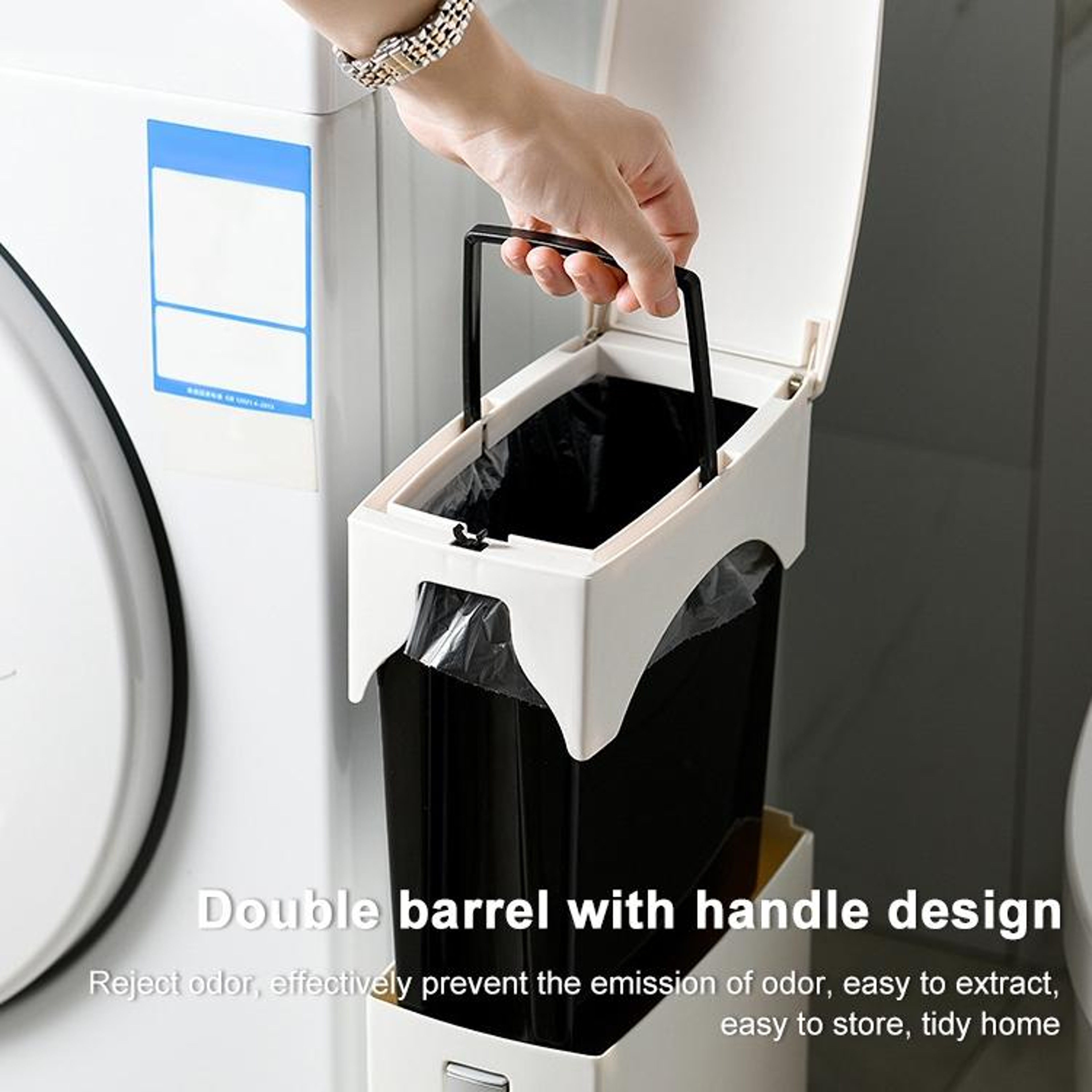 Premium Bathroom Toilet Brush  Trash Can Set Square Press Lid Design 3