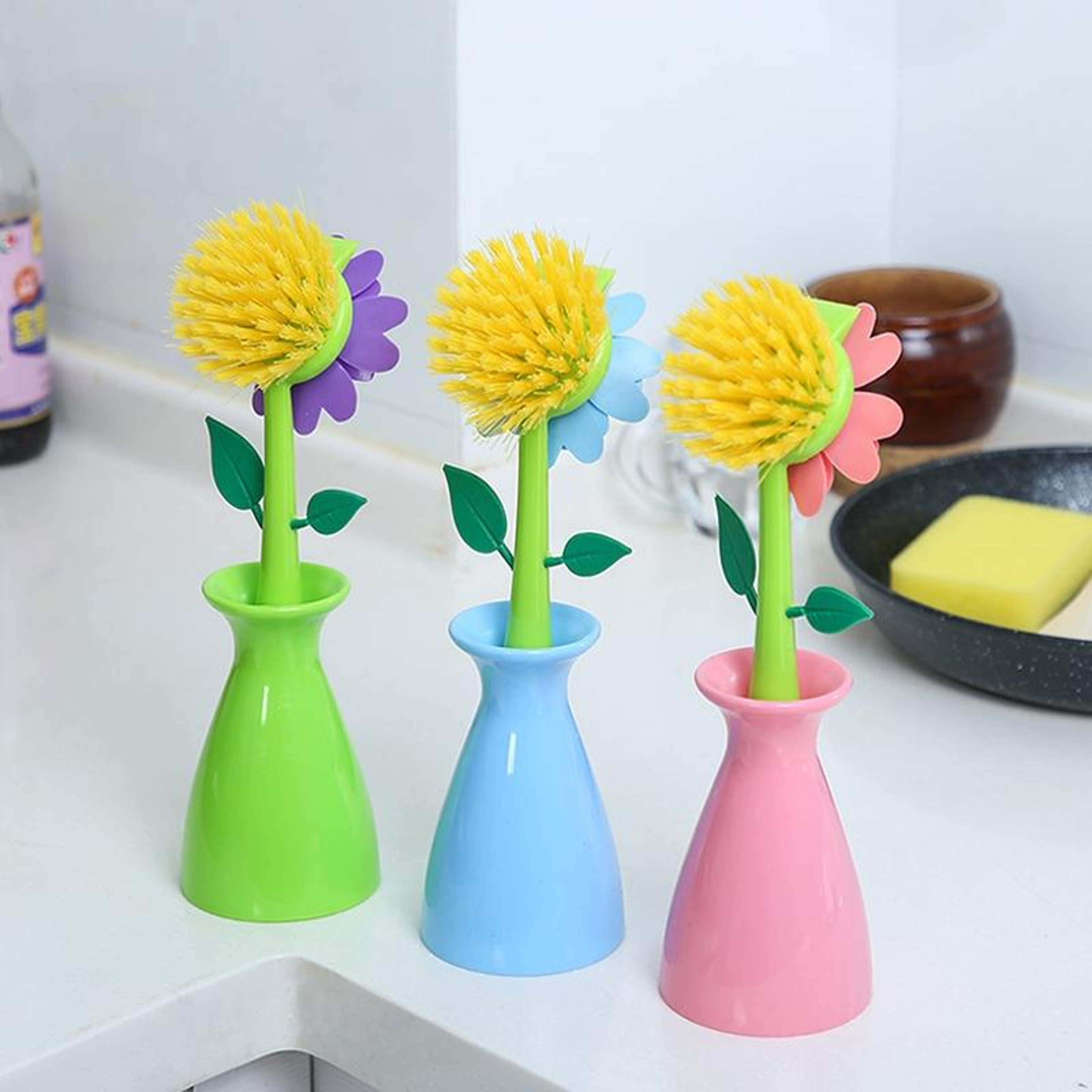 Flower Shaped Long Handle Pot Brush For Kitchen  Sink Cleaning 0