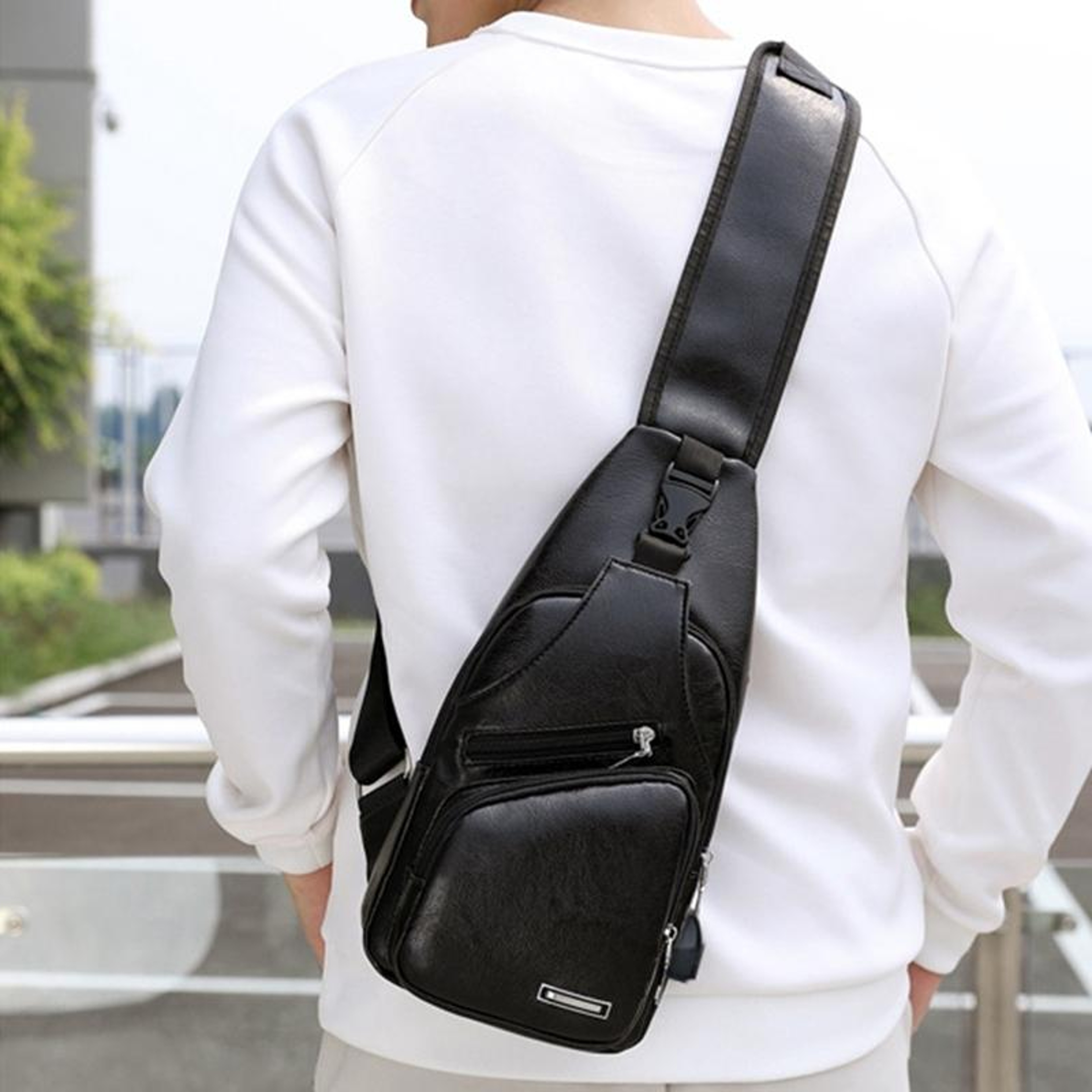 Waterproof PU Leather Mens Shoulder Bag With USB Charging Port 8