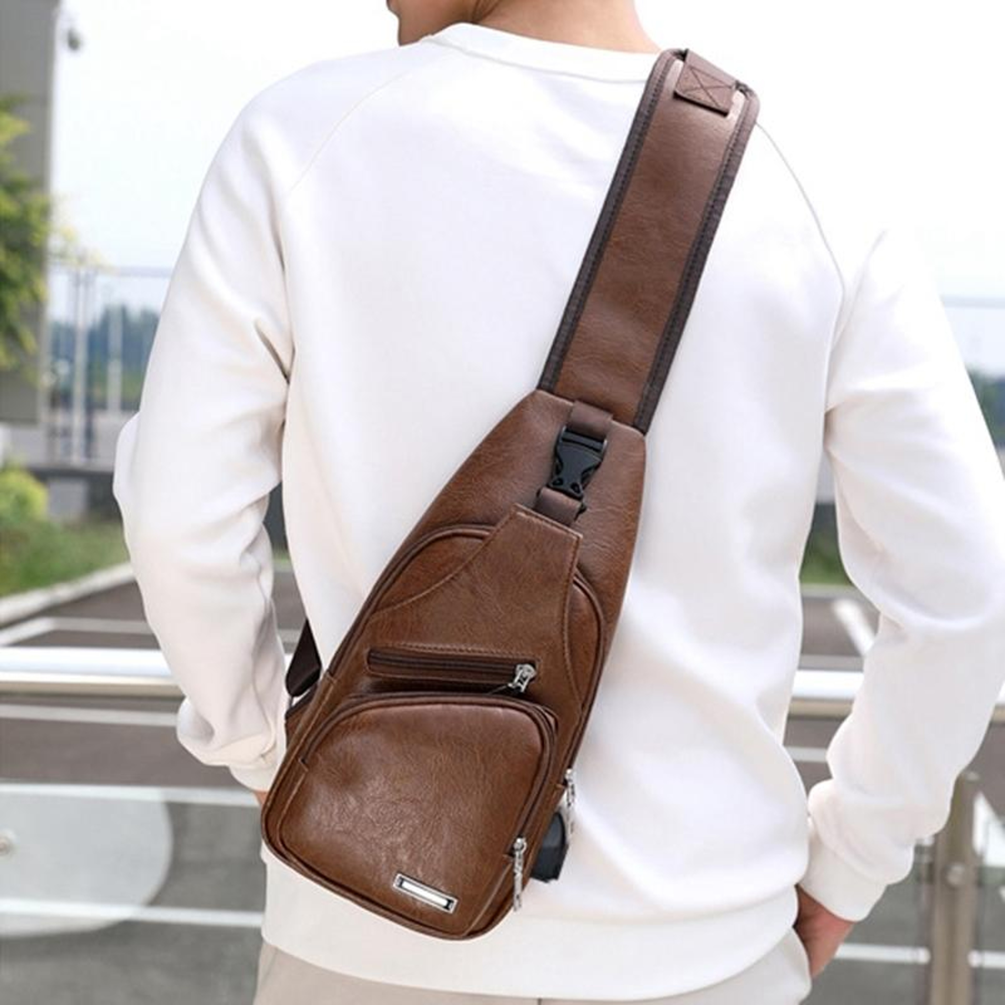 Waterproof PU Leather Mens Shoulder Bag with USB Charging Port – view 10