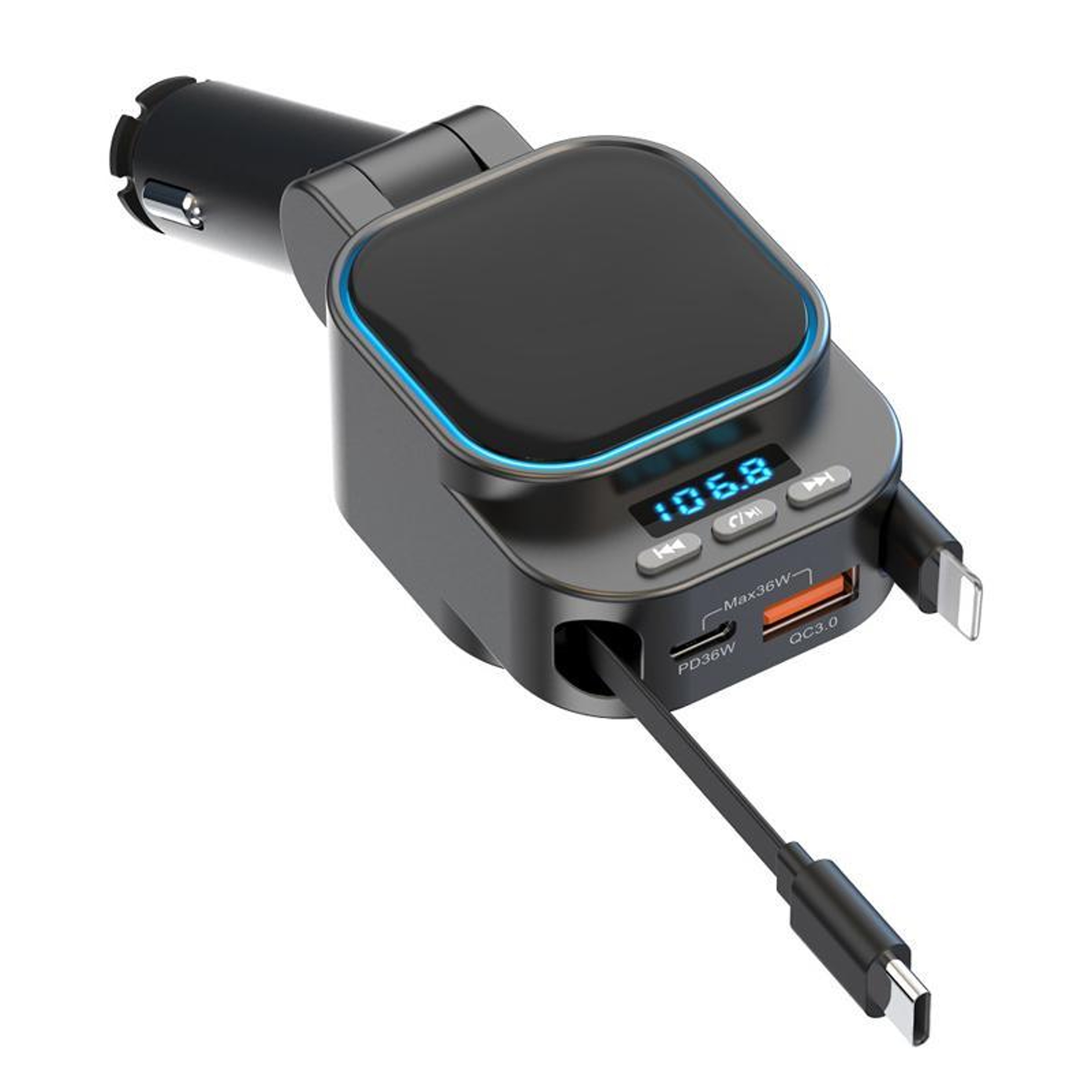 Premium Bluetooth Car Charger With Dual Retractable Cables  FM Transmitter 0