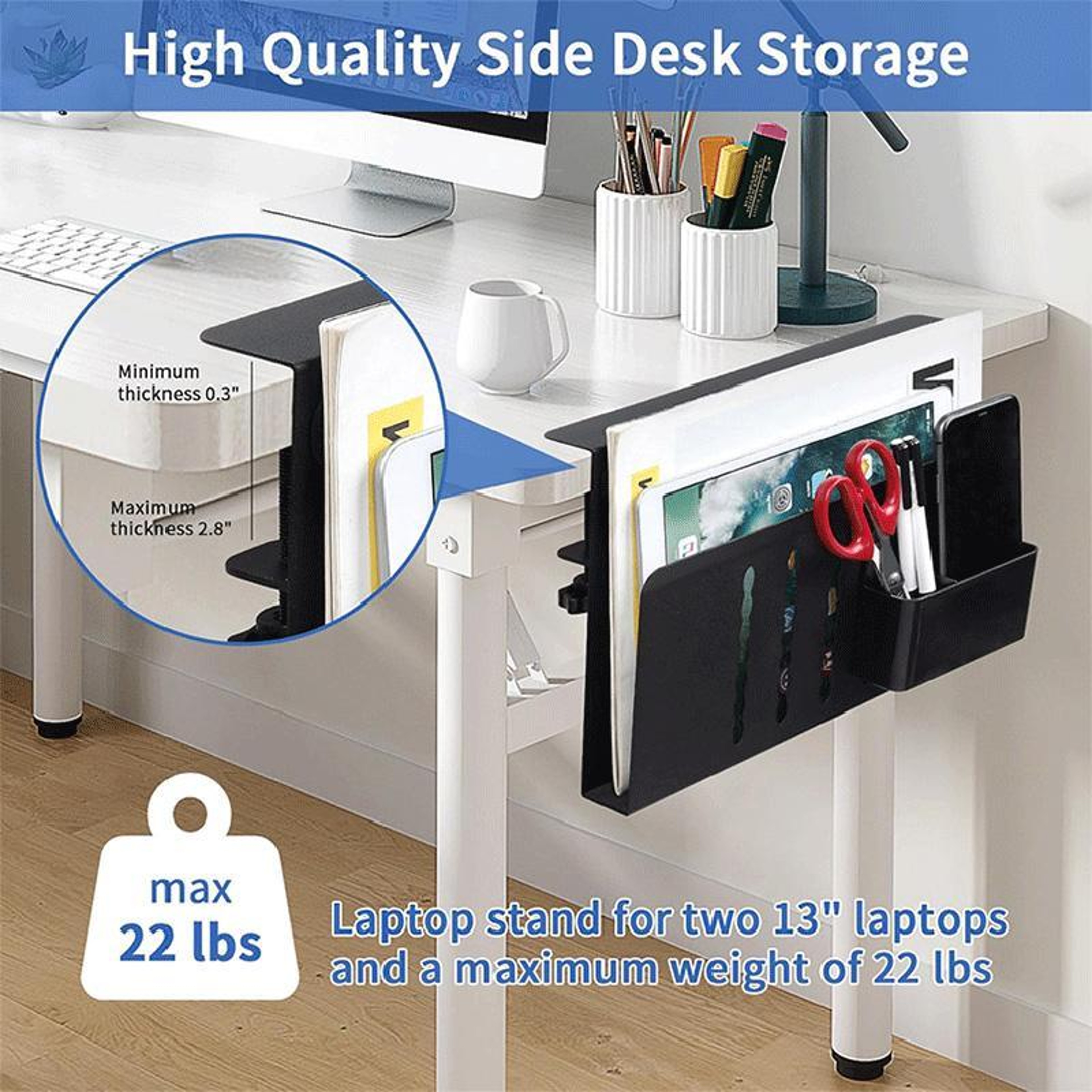 No Drill Laptop Holder Desk Side Storage Rack with Magnetic Pen Holder – view 3