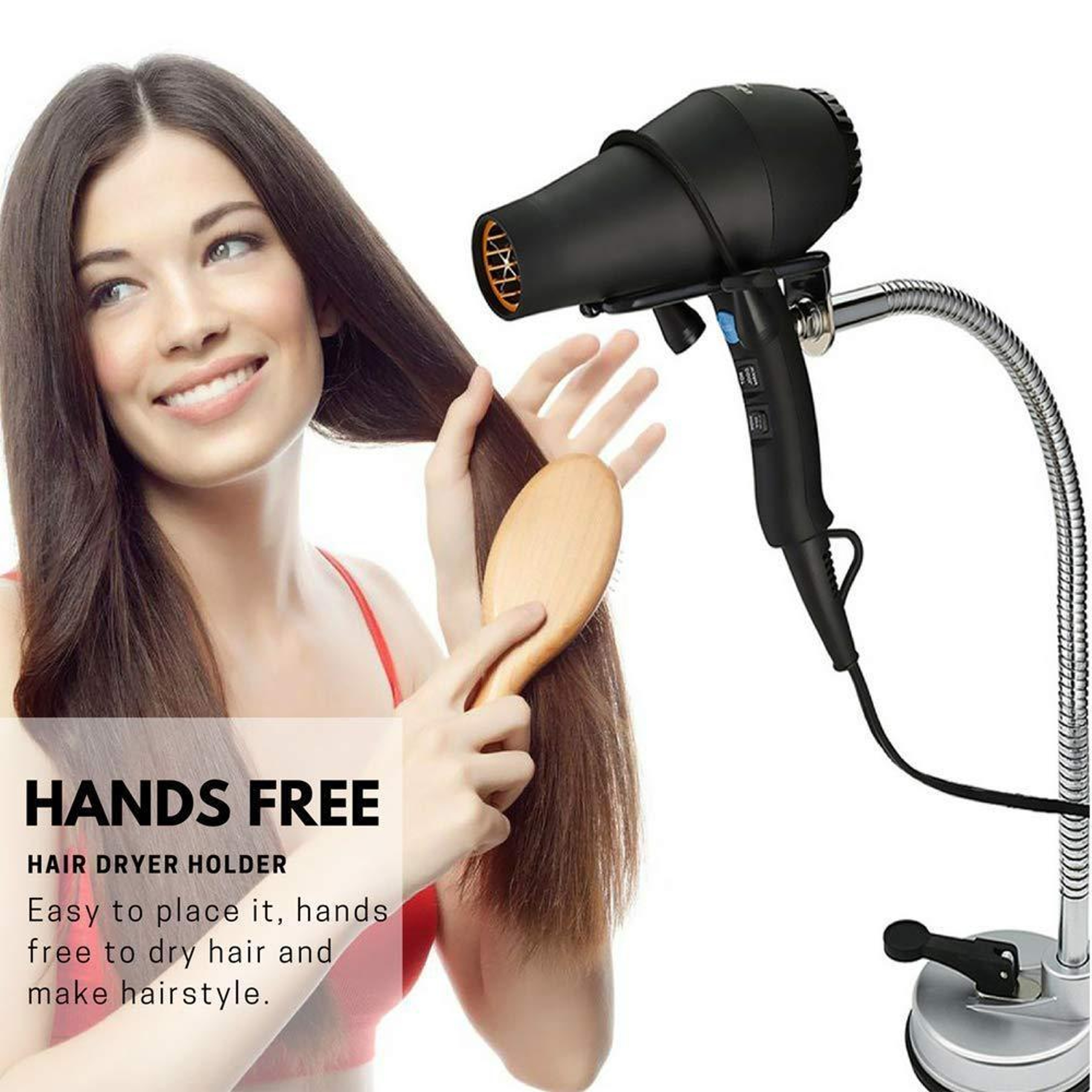 Stainless Steel Hands Free Hair Dryer Holder with Adjustable Suction Cup Stand – view 2