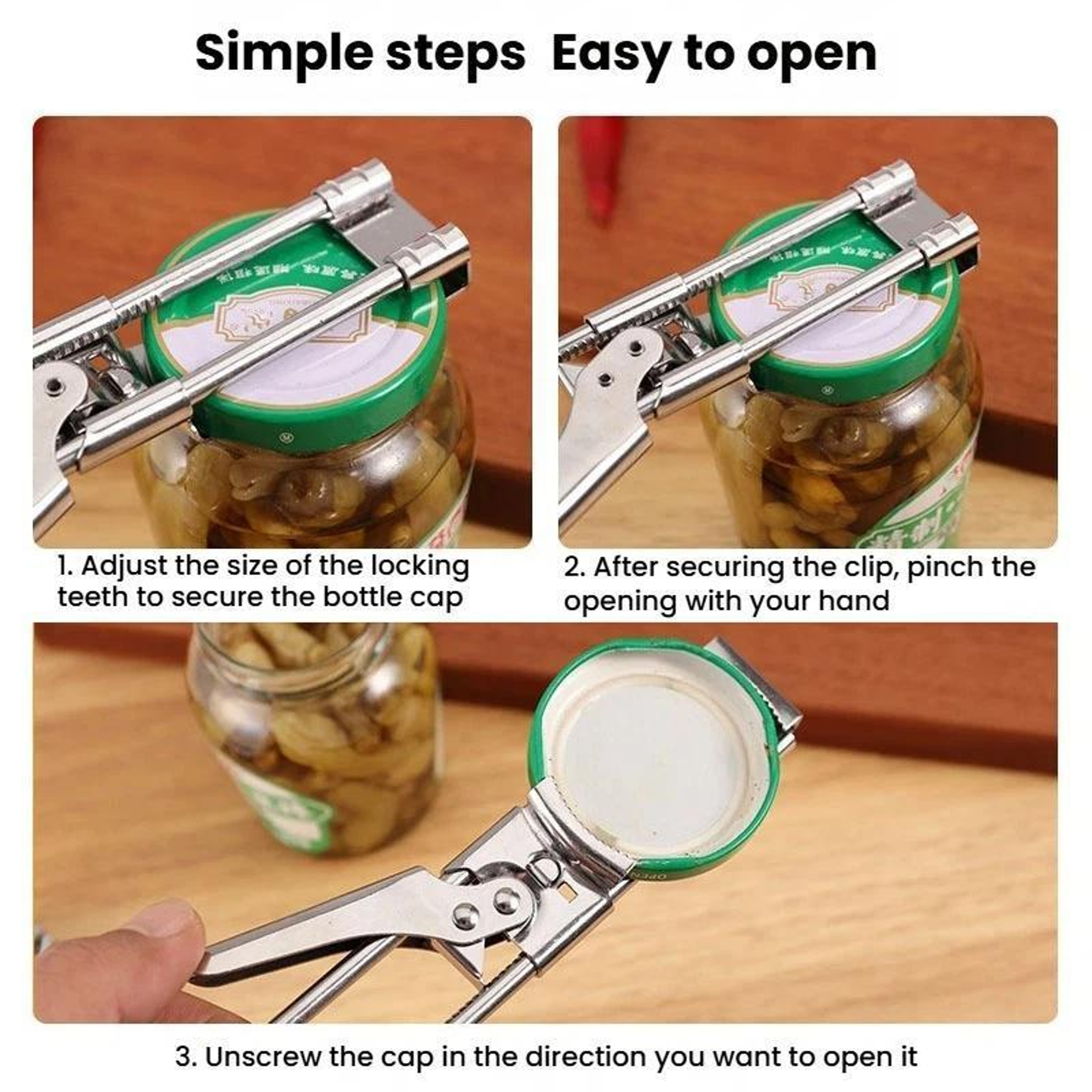 Adjustable Jar  Bottle Opener Tool With Non Slip Stainless Steel Grip 7