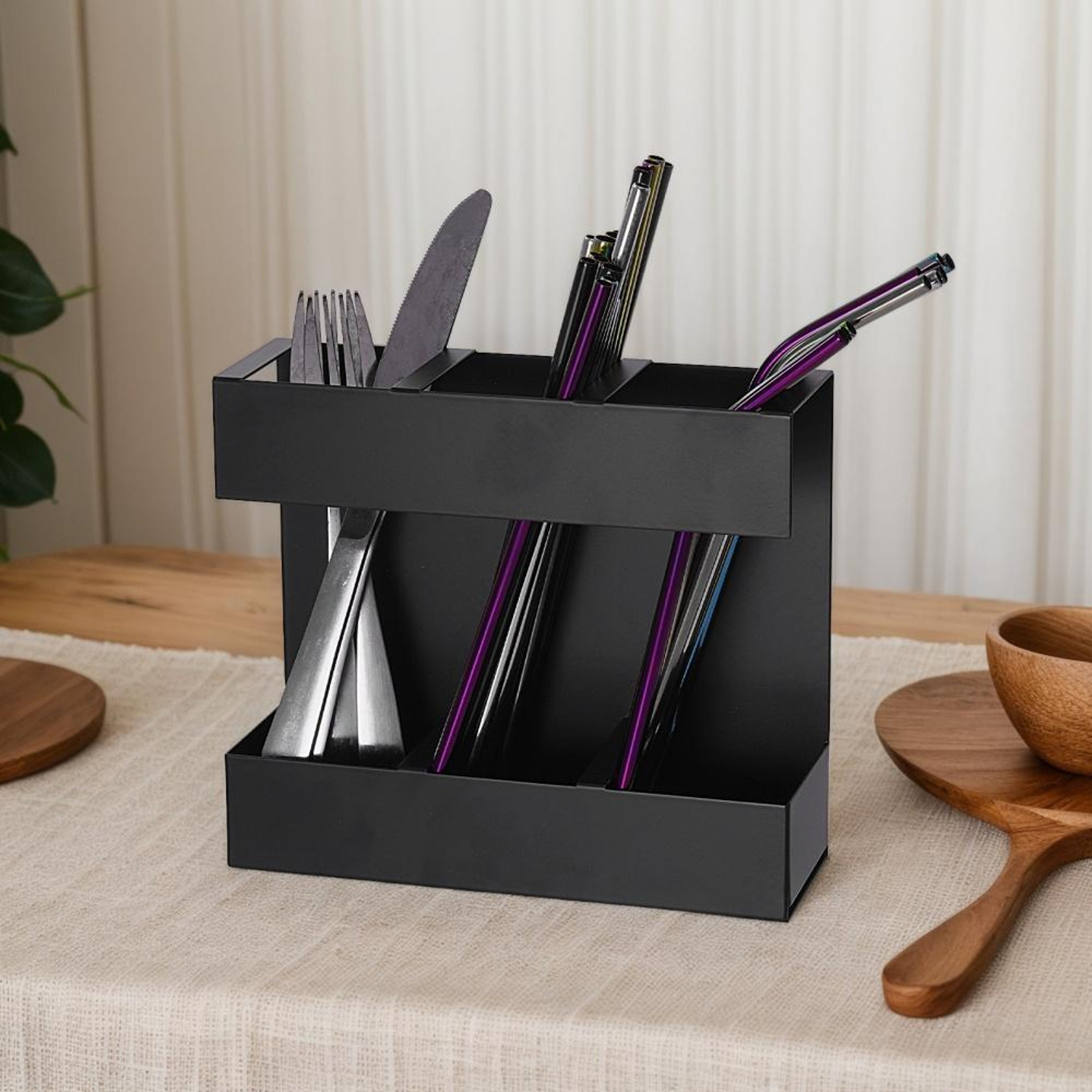 Space Saving Compartment Metal Cutlery  Straw Organizer Rack For Kitchen Storage 3