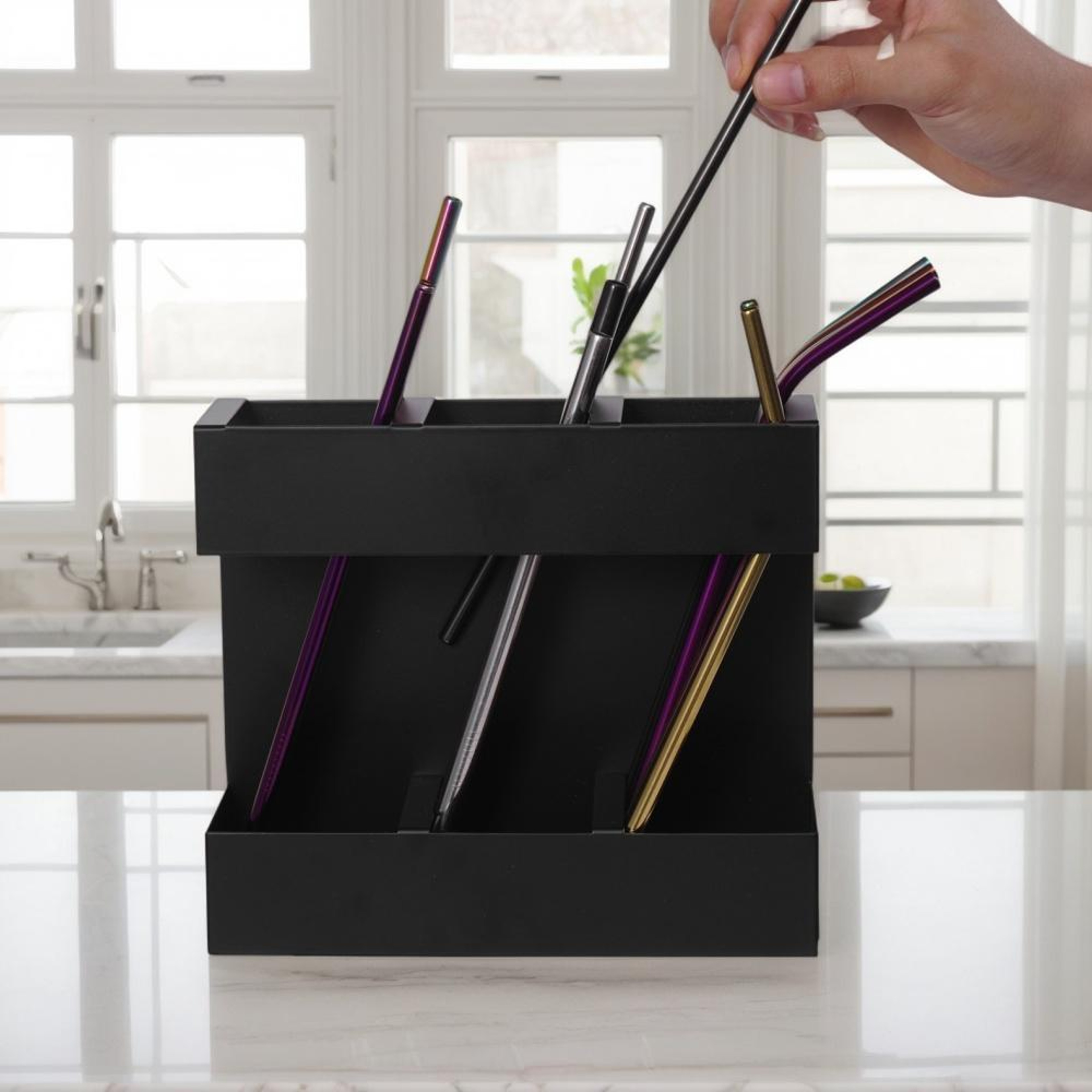Space Saving Compartment Metal Cutlery  Straw Organizer Rack For Kitchen Storage 4