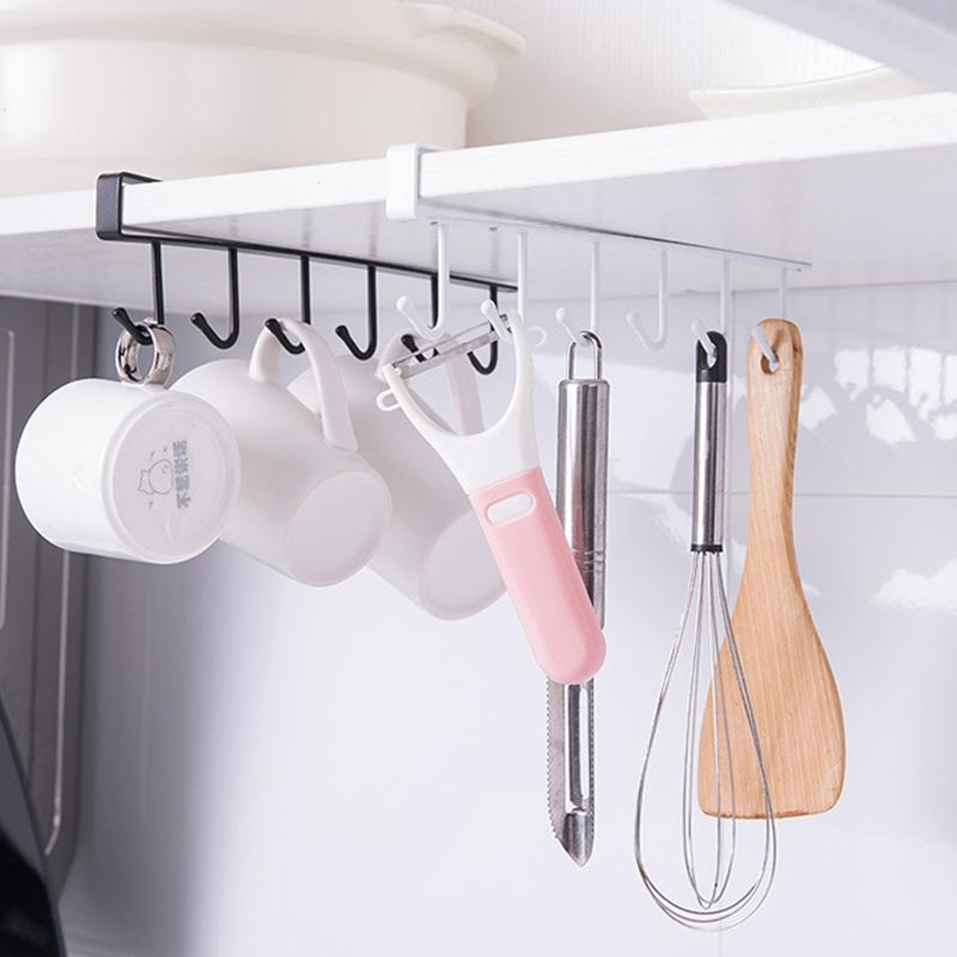 Space Saving Under Cabinet Mug Holder With Hooks Iron Cup  Kitchen Organizer Rack 4